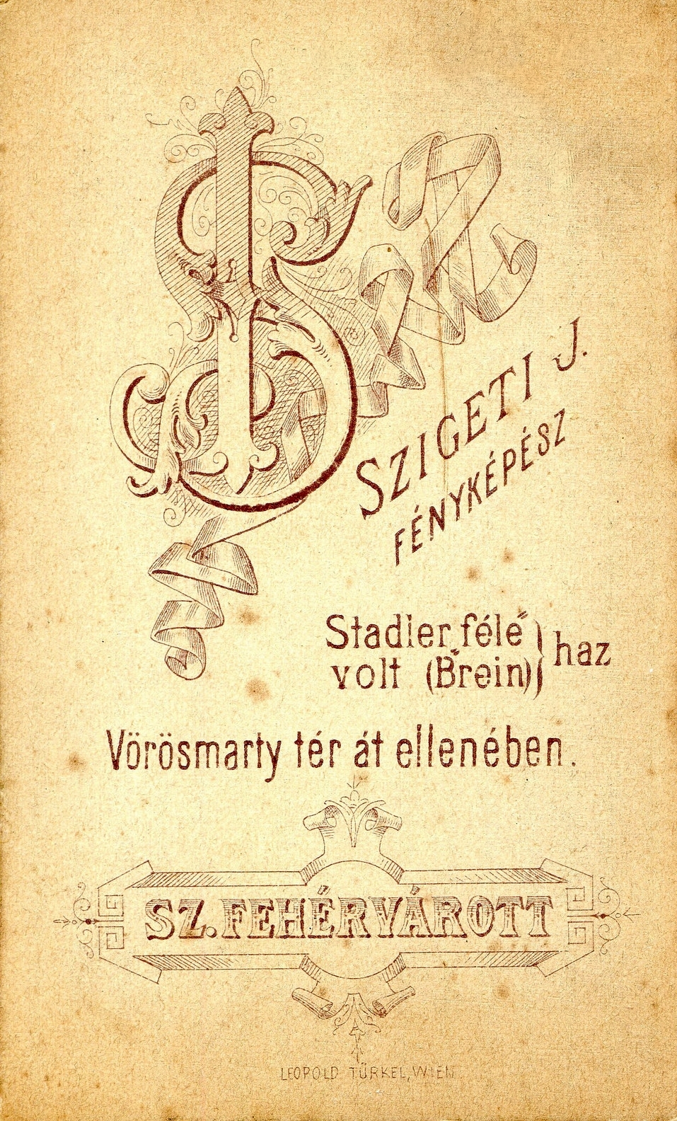 Magyarország, Székesfehérvár, Stadler-féle ház, Szigeti J. fényképész. A felvétel 1880-ban készült., 1900, Mészöly Leonóra, műterem, fényképész, hátlap, Fortepan #90394