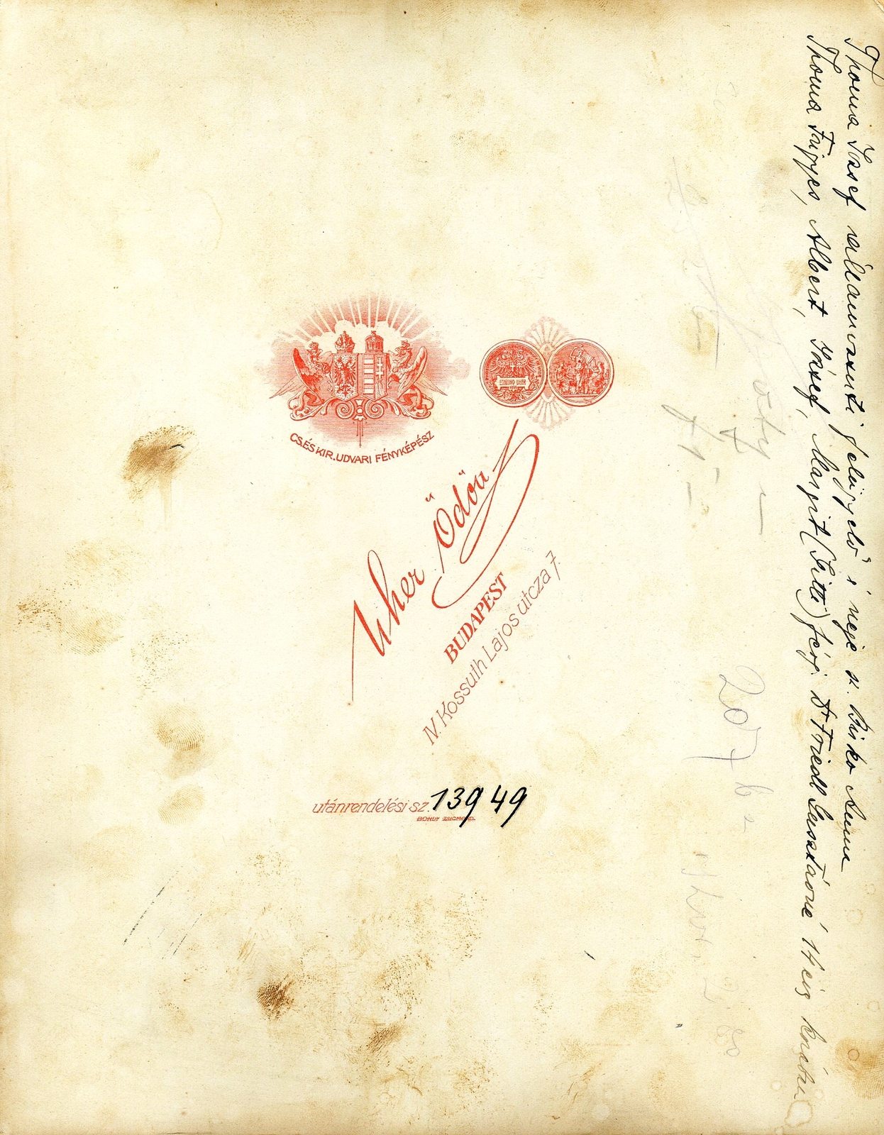 Hungary, Budapest V., Kossuth Lajos utca 7., Uher Ödön fényképész., 1902, Mészöly Leonóra, studio, photographer, verso, Budapest, Fortepan #90404