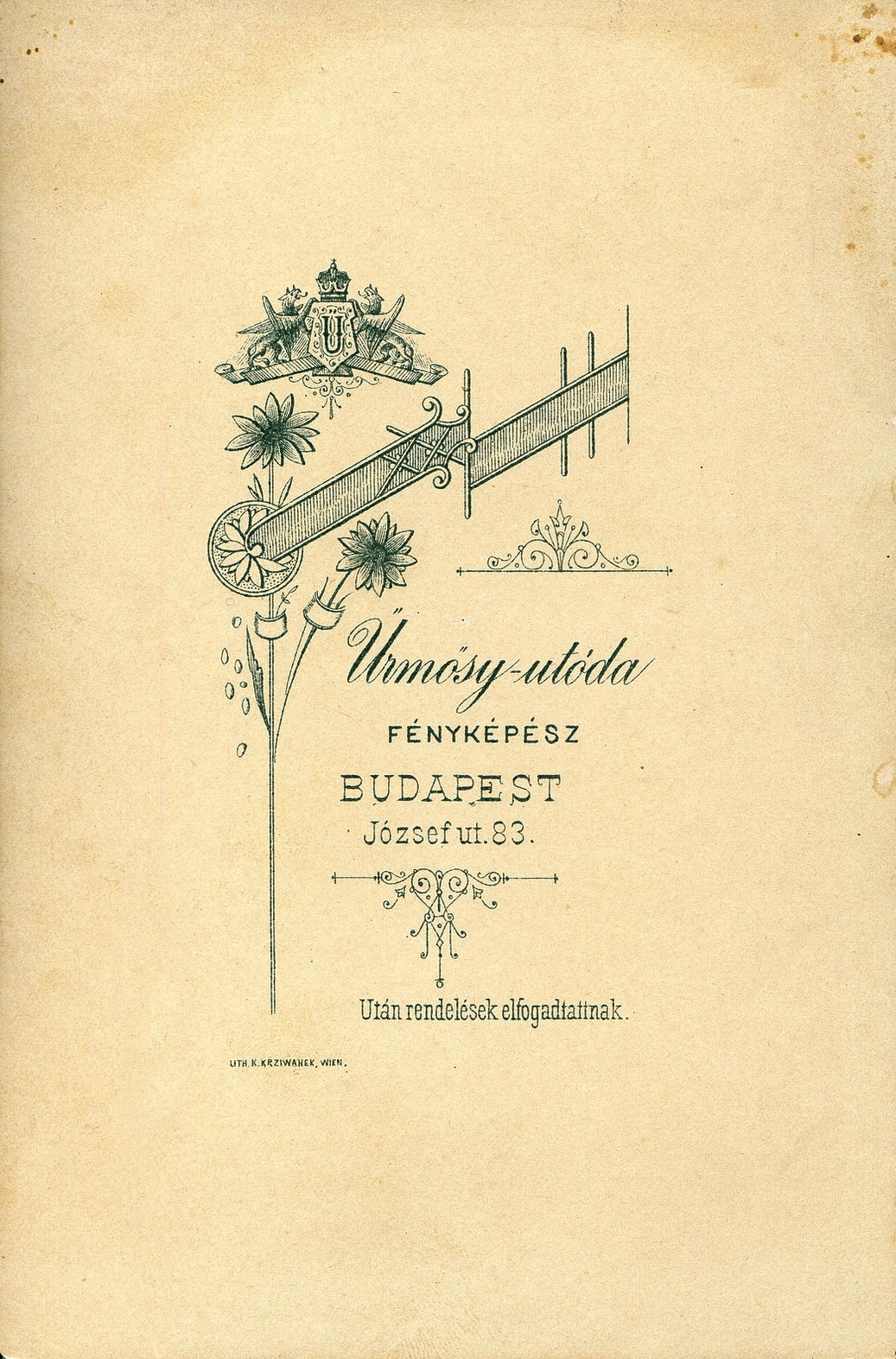 Magyarország, Budapest VIII., József utca 83., Űrmősy utóda, fényképész., 1903, Mészöly Leonóra, műterem, fényképész, hátlap, Budapest, Fortepan #90409
