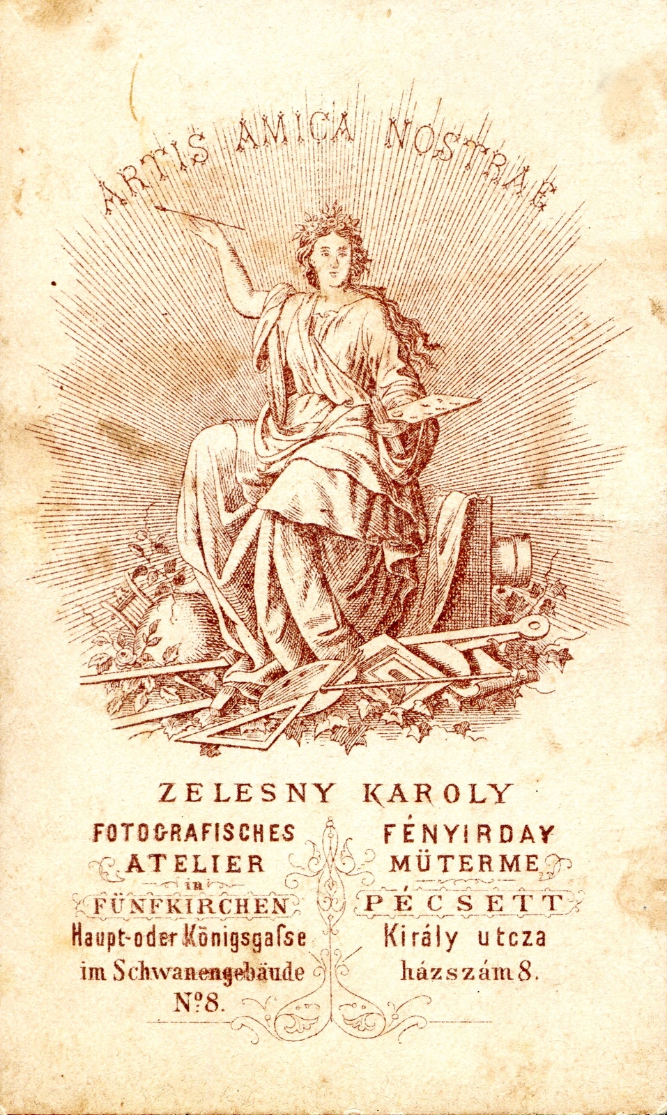 Magyarország, Pécs, Király utca 8., Zelesny Károly fényírdai műterme. A felvétel 1870-ben készült., 1900, Mészöly Leonóra, műterem, fényképész, hátlap, Fortepan #90423