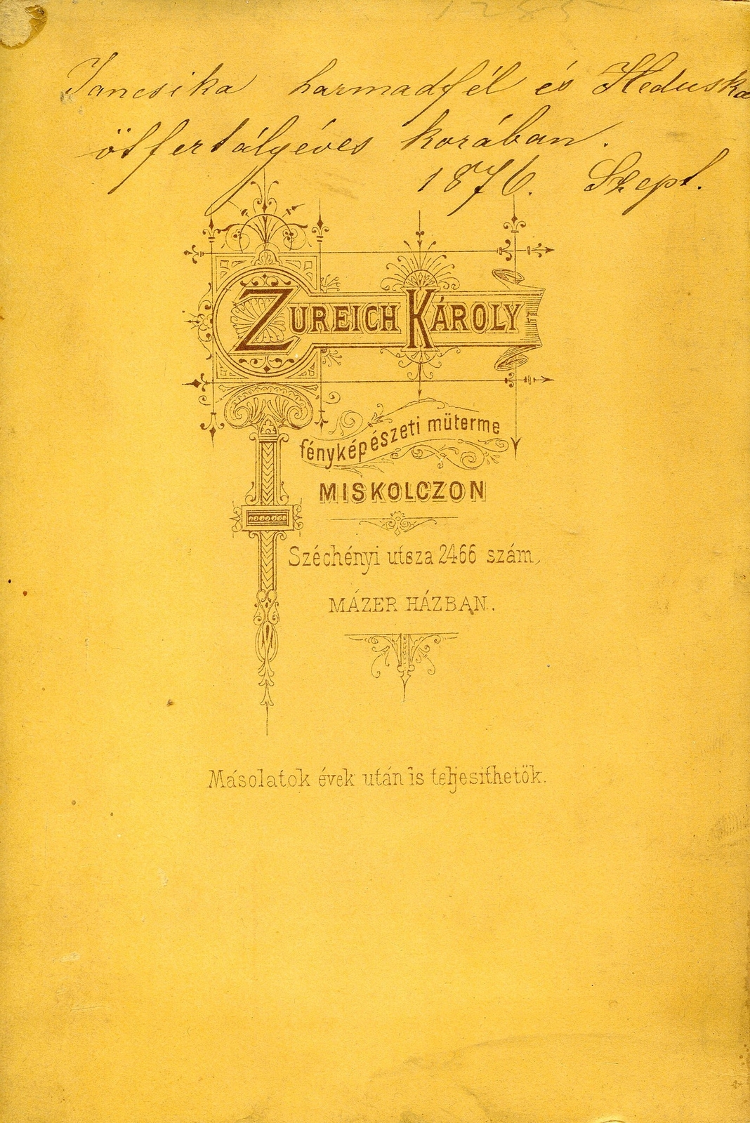 Hungary, Miskolc, Széchényi utca 2466., Zureich Károly fényképészeti műterme. A felvétel 1870-ben készült., 1900, Mészöly Leonóra, studio, photographer, verso, Fortepan #90427