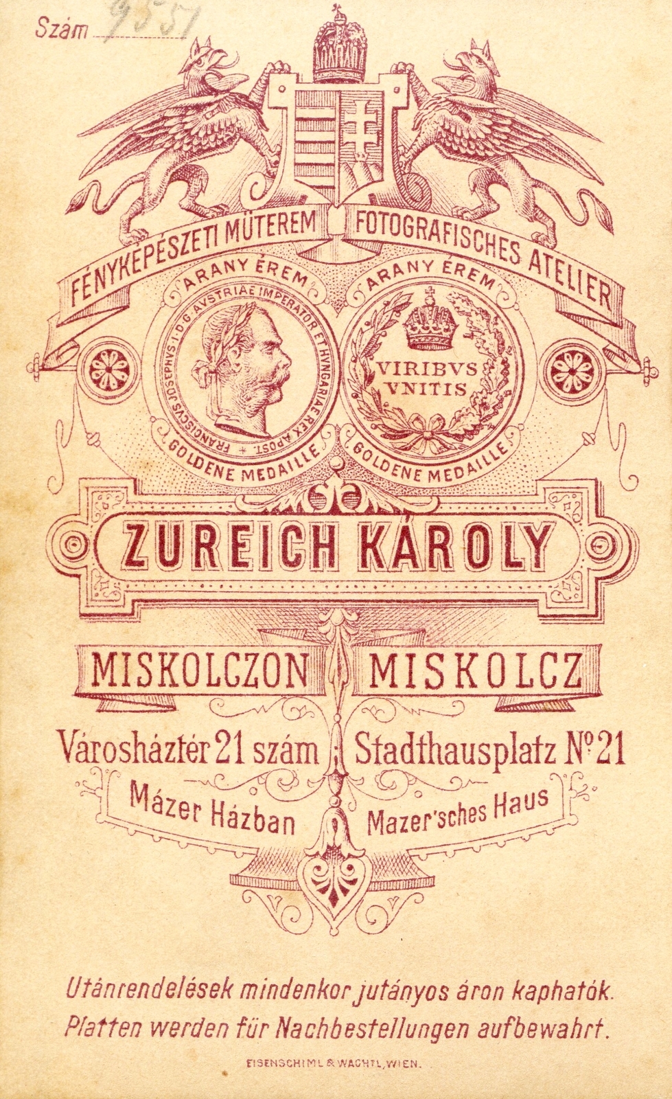 Magyarország, Miskolc, Városház tér 21., Zureich Károly fényképészeti műterme. A felvétel 1875-ben készült., 1900, Mészöly Leonóra, műterem, fényképész, hátlap, Fortepan #90428