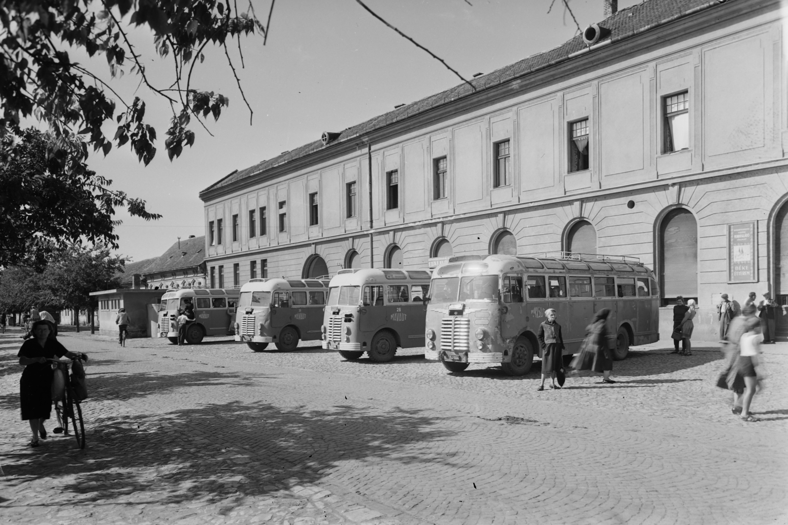 Hungary, Mohács, Jókai Mór utca a Szabadság utcától a Gőzhajó utca irányába nézve. Ikarus 30 típusú távolsági autóbuszok., 1955, UVATERV, egy dunai hajóút, bicycle, Hungarian brand, street view, genre painting, Ikarus-brand, number plate, Fortepan #91000