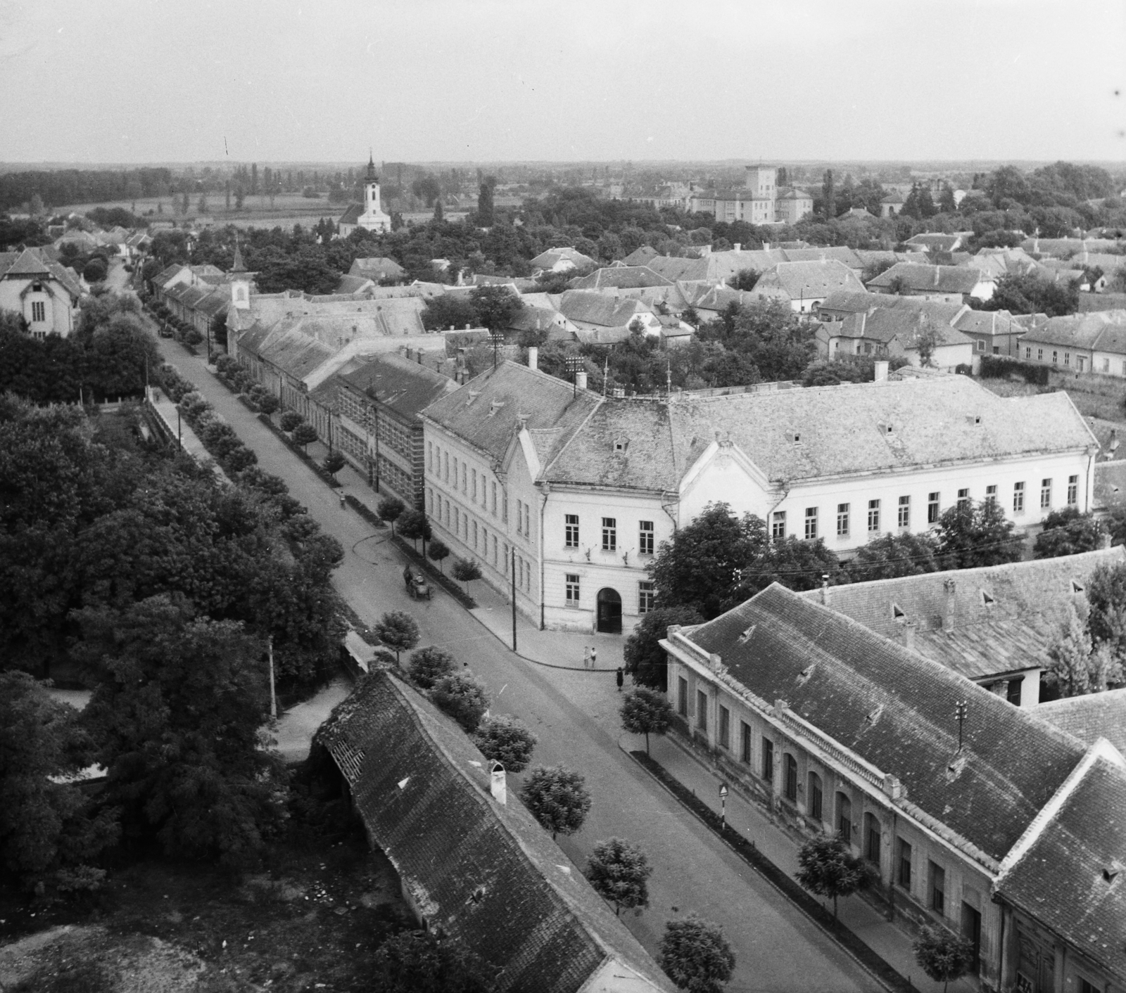 Magyarország, Baja, Deák Ferenc utca., 1955, UVATERV, egy dunai hajóút, utcakép, madártávlat, Fortepan #91025