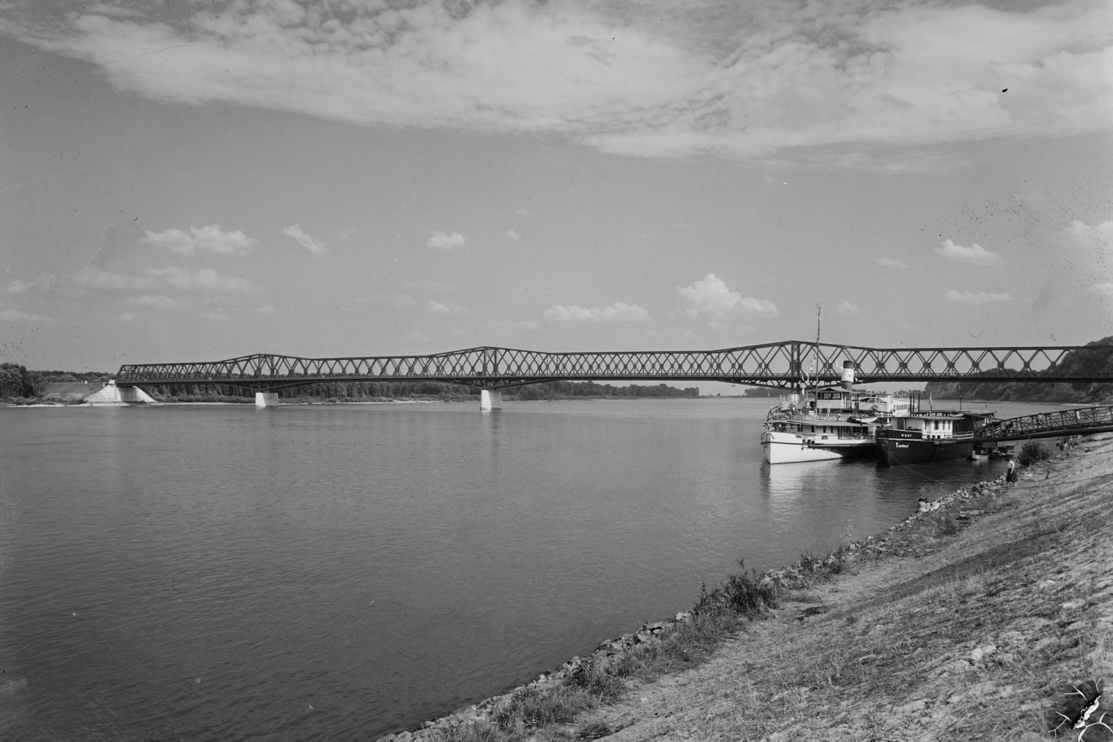 Hungary, Dunaföldvár, hajóállomás, háttérben a Beszédes József híd., 1955, UVATERV, egy dunai hajóút, bridge, railway bridge, Duna-bridge, János Kossalka-design, Fortepan #91072