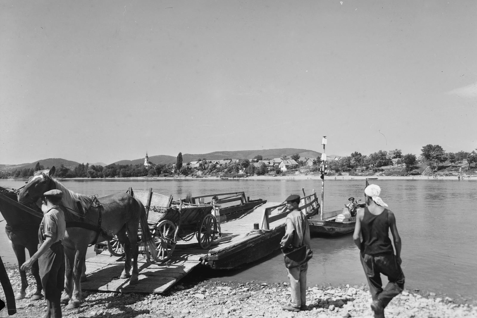 Hungary,Danube Bend, Visegrád, Duna-part, rév Visegrád-Szentgyörgypusztánál, a túlparton Kisoroszi., 1955, UVATERV, egy dunai hajóút, ferry, Fortepan #91188