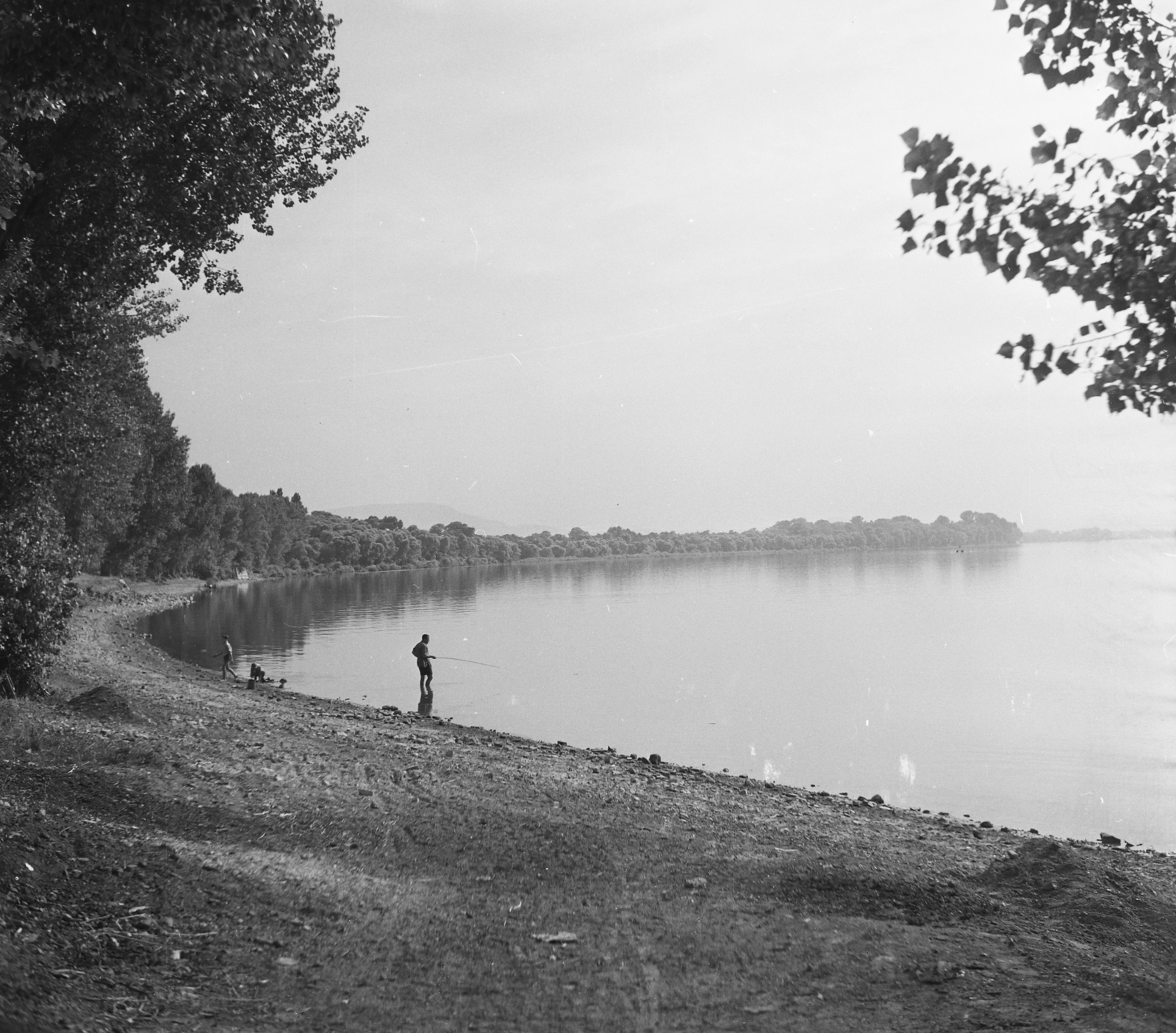 Hungary, Esztergom, Duna-part a kikötő felett., 1955, UVATERV, egy dunai hajóút, shore, fishing, Fortepan #91224