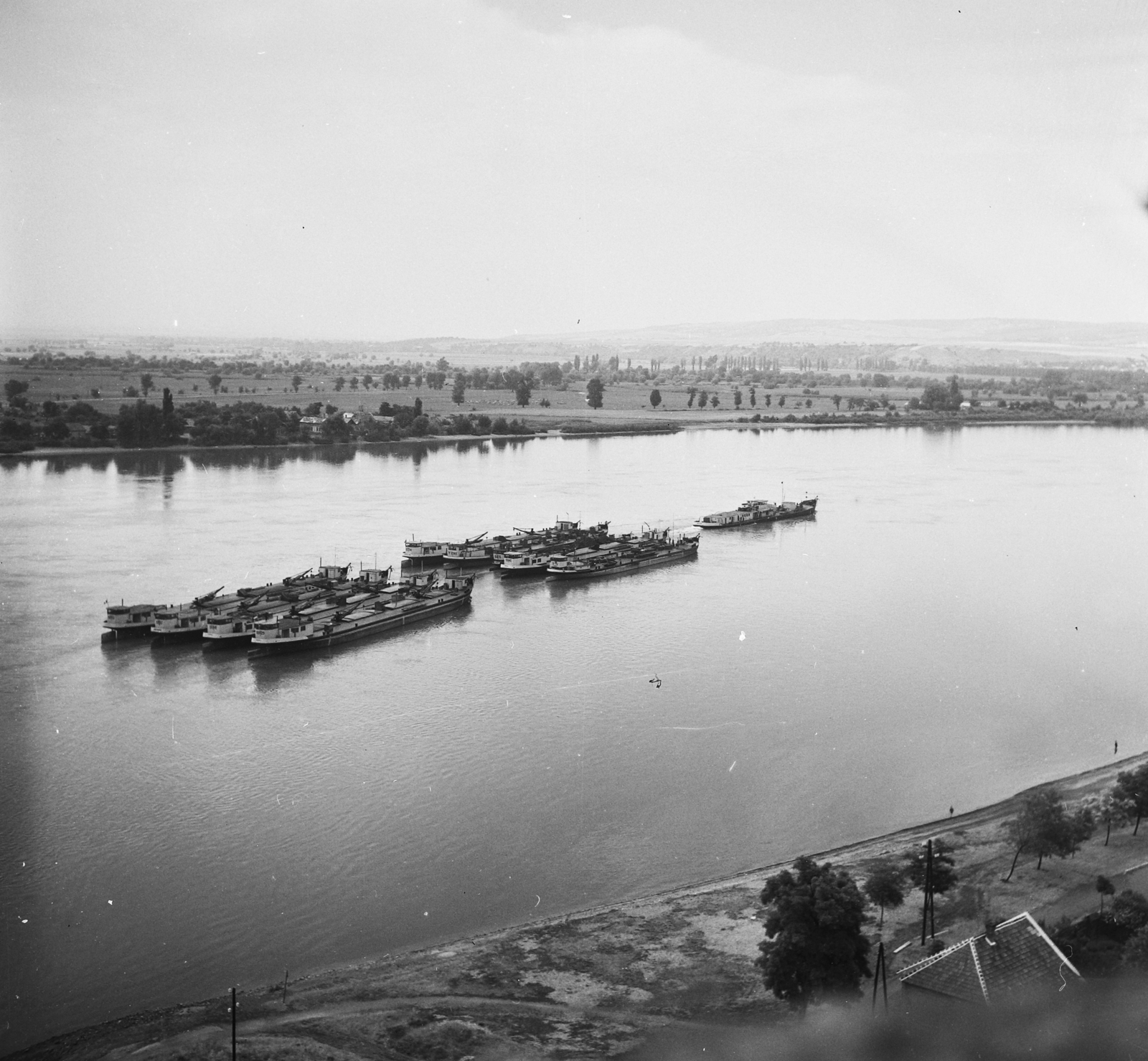 Magyarország, Esztergom, kilátás a várból a Dunára, Szentgyörgymező irányába., 1955, UVATERV, egy dunai hajóút, hajó, uszály, vontatóhajó, Fortepan #91228