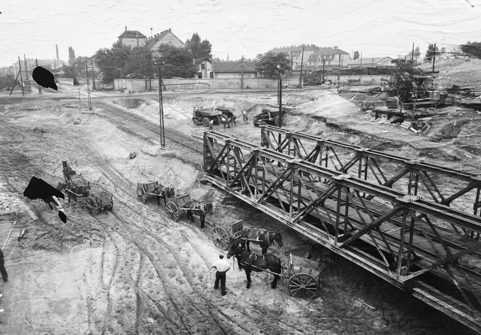 Hungary, Budapest XIII.,Budapest IV., Béke utcai közúti aluljáró építkezése, a Madridi utca és az Angyalföld kocsiszín felé nézve., 1955, UVATERV, Budapest, horse, cart, rails, Fortepan #91488