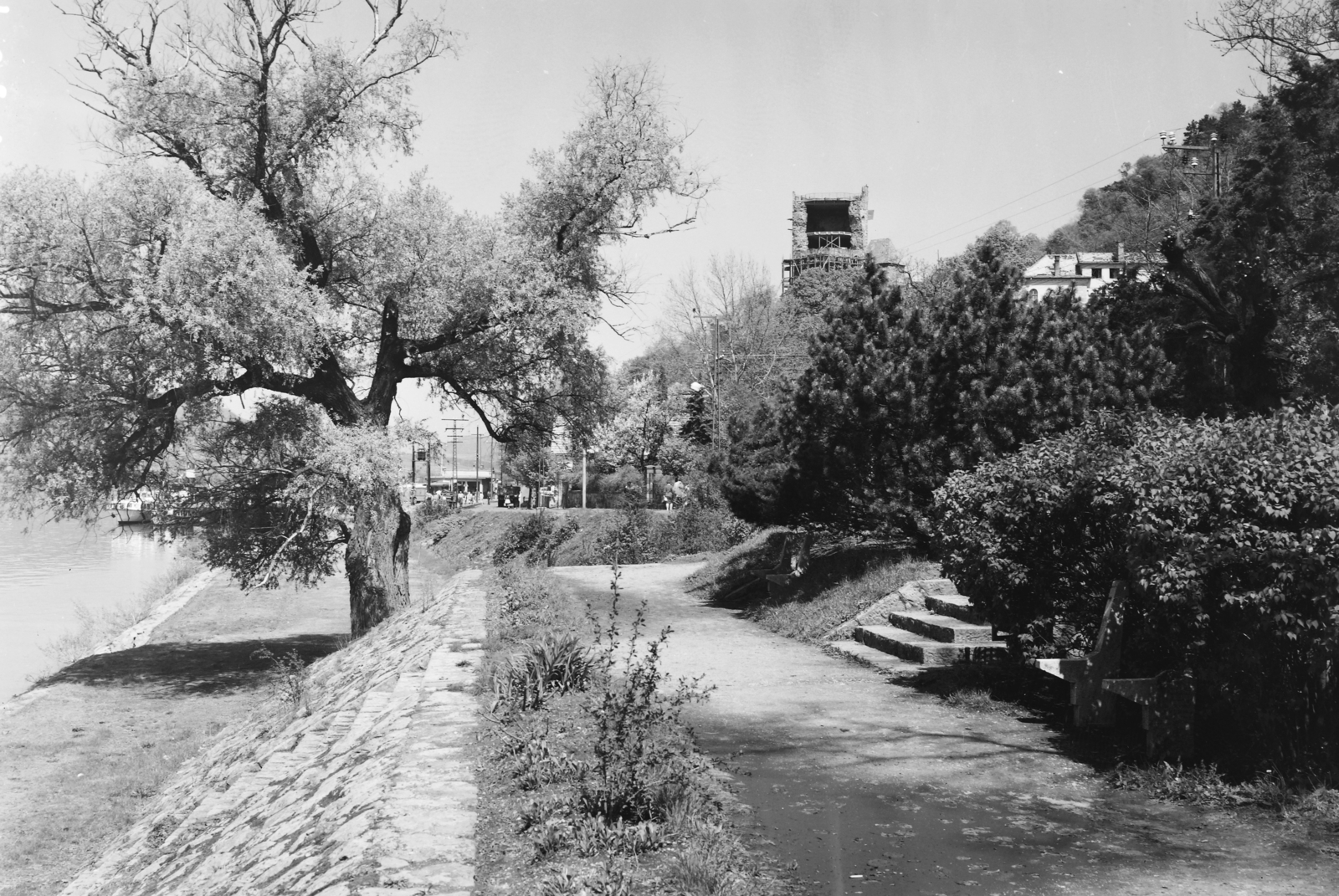 Hungary,Danube Bend, Visegrád, Duna-part, szemben a hajóállomás és jobbra az Alsóvár lakótoronya / Salamon-torony, 1963, UVATERV, Fortepan #91821