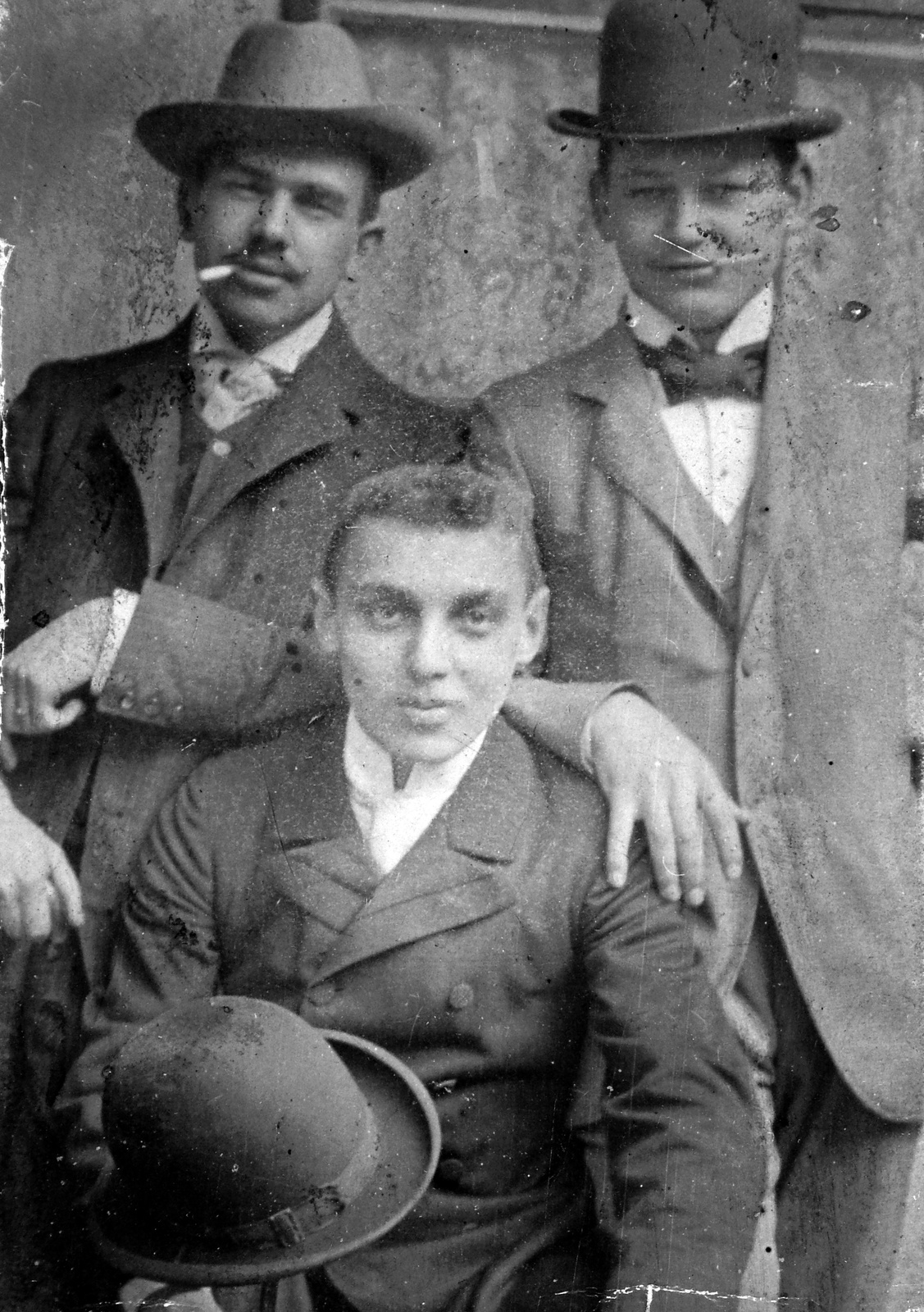 1911, Fortepan, hat, smoking, tableau, men, bowler hat, hat in hand, three people, Fortepan #9187