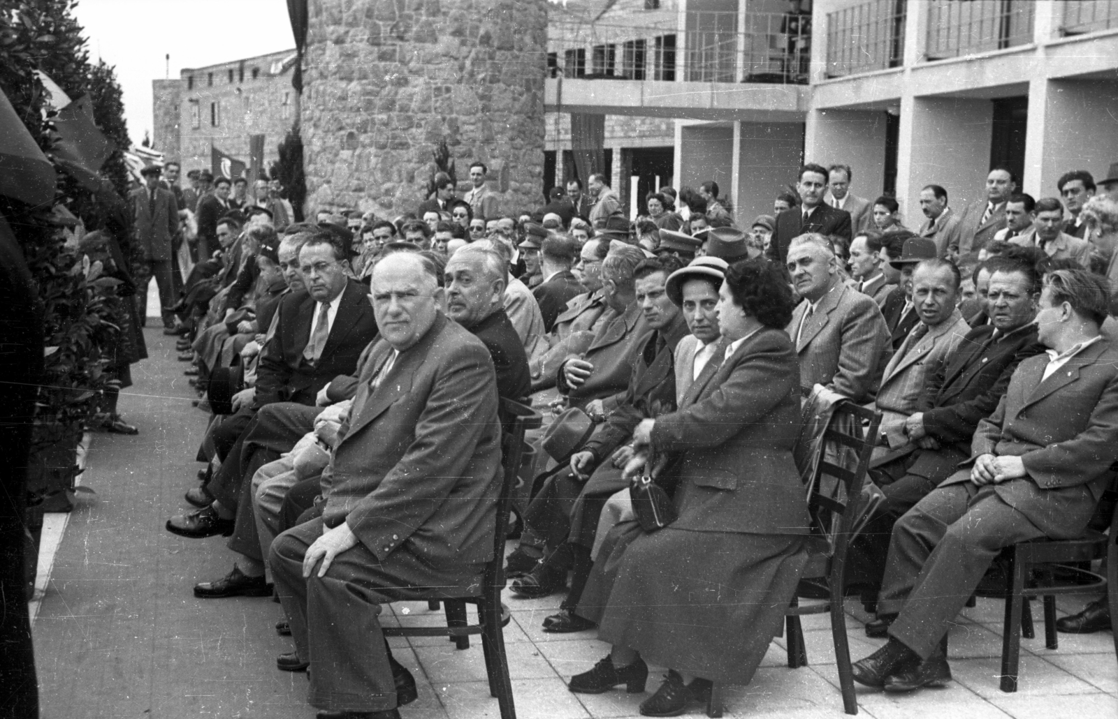 Hungary, Ferihegy (now - Ferenc Liszt) International Airport, Budapest XVIII., a repülőtér átadásakor. Az első sor szélén Bebrits Lajos közlekedés- és postaügyi miniszter, mögötte Vas Zoltán az Országos Tervhivatal elnöke sötét öltönyben, szemüveggel., 1950, UVATERV, Budapest, celebrity, politician, festive, airport, Fortepan #91992