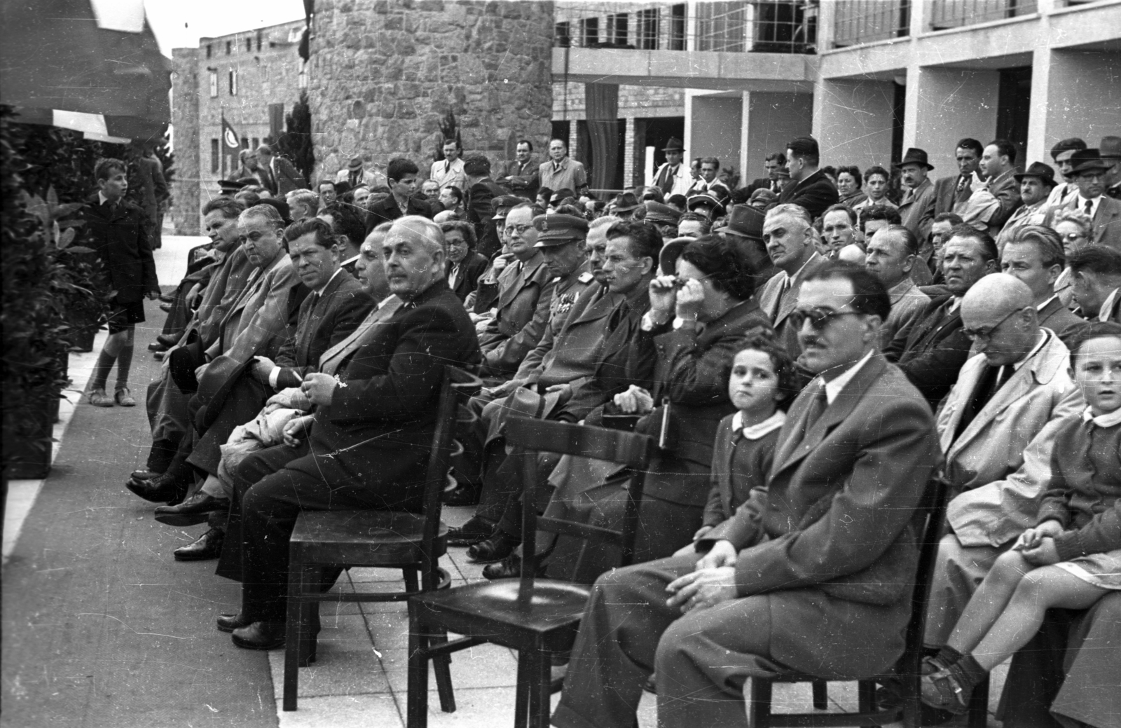 Hungary, Ferihegy (now - Ferenc Liszt) International Airport, Budapest XVIII., a repülőtér átadásakor. Az első sorban balról jobbra Dobi István, Ries István, Marosán György, ?, Rónai Sándor., 1950, UVATERV, mass, festive, politics, airport, Budapest, Fortepan #91996