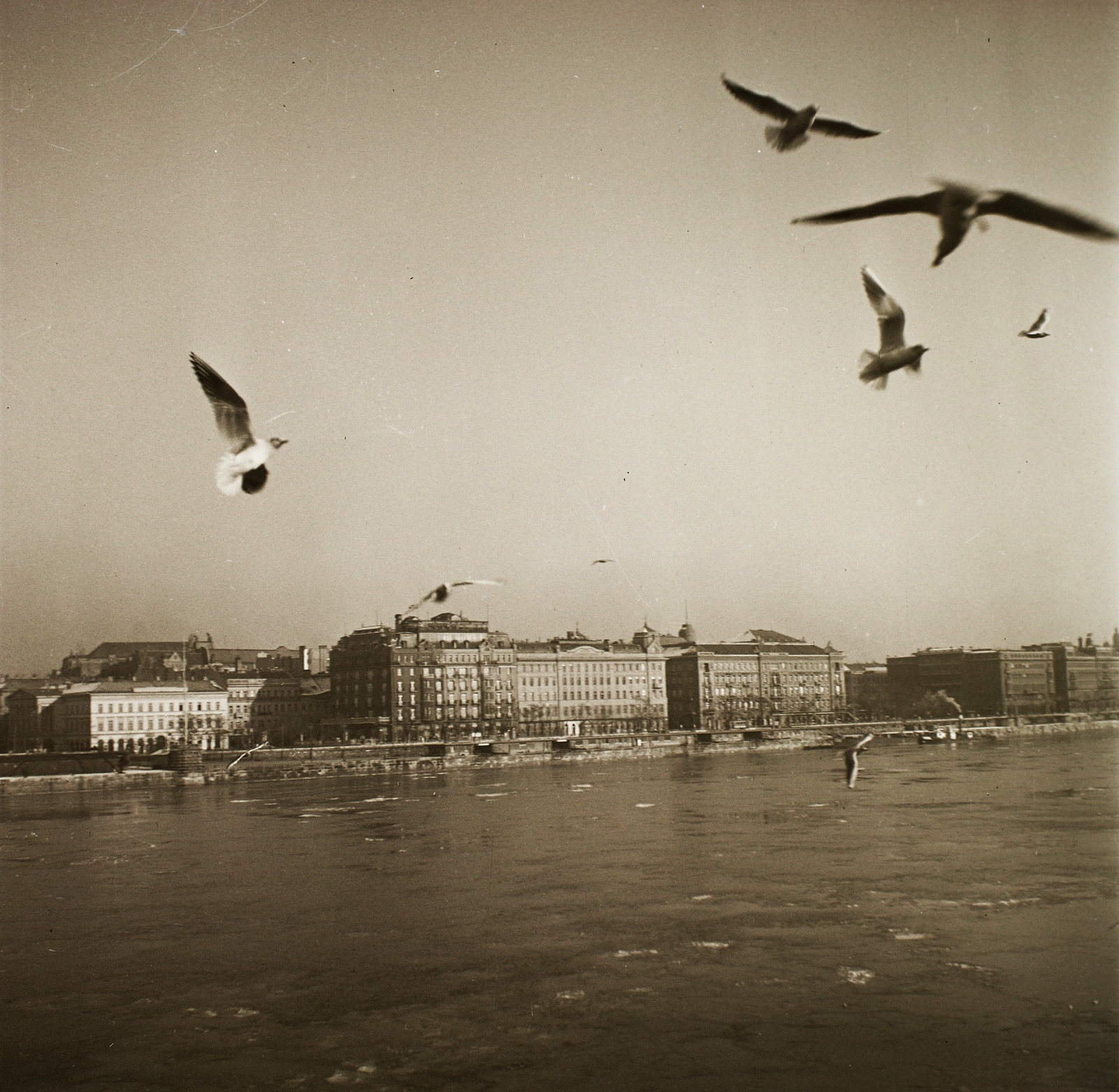 Magyarország, Budapest V., pesti Duna-part az Eötvös térrel és a Vigadó térrel a Széchenyi Lánchídról nézve., 1939, Ebner, Duna, Budapest, Fortepan #92255