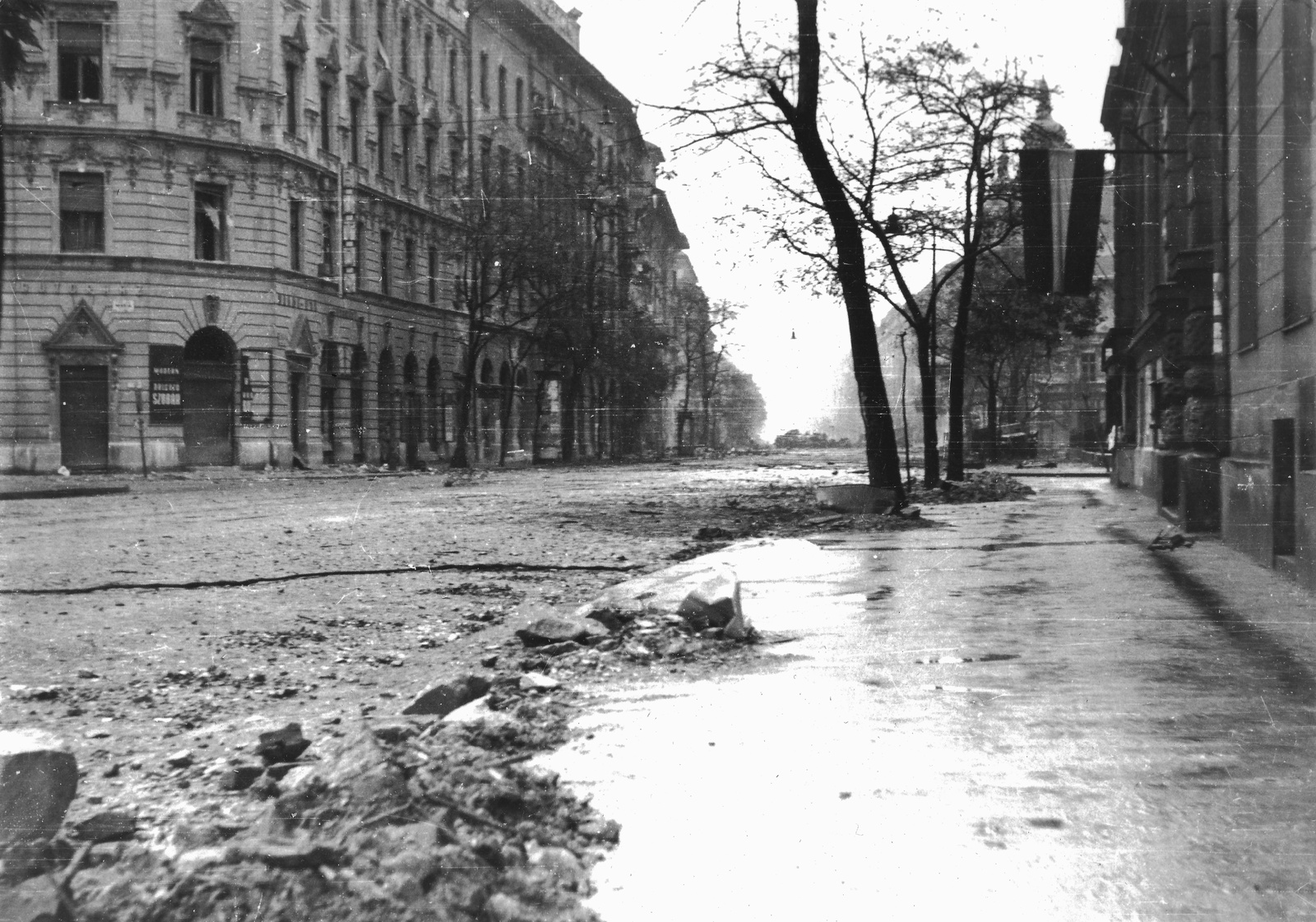 Hungary, Budapest VIII., Üllői út a Mária utcától a Nagykörút felé nézve., 1956, Hofbauer Róbert, flag, revolution, Budapest, Fortepan #93014