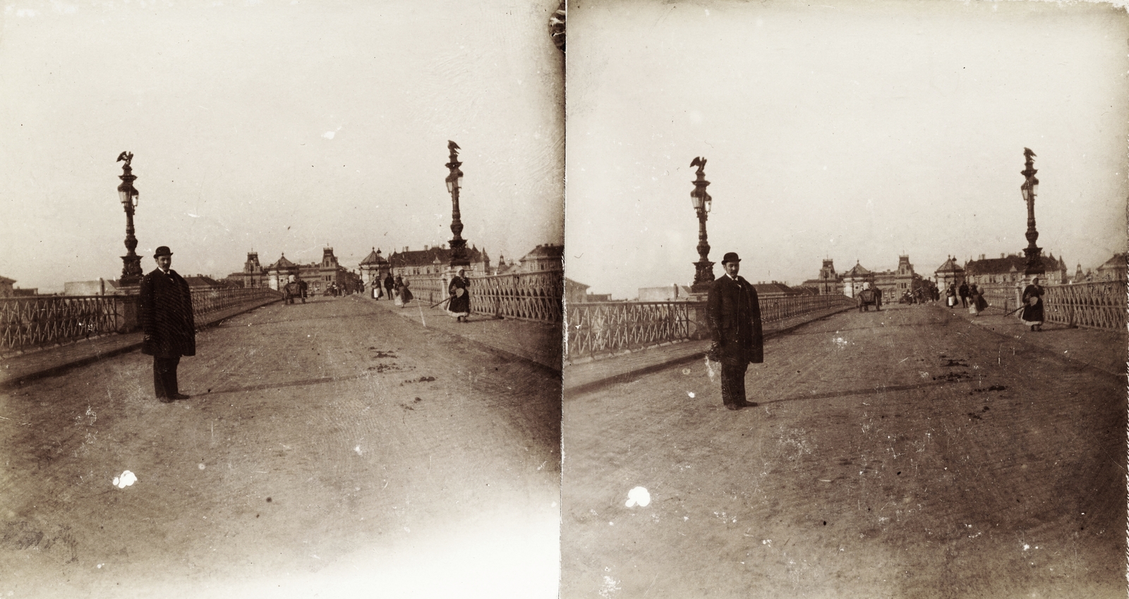 Hungary, Szeged, közúti híd a szegedi hídfő felé nézve. A felvétel 1894-ben készült., 1900, Kiss László, Dabasy Fromm Géza, bridge, man, bowler hat, stereophoto, Gustave Eiffel-design, János Feketeházy-design, Fortepan #93355