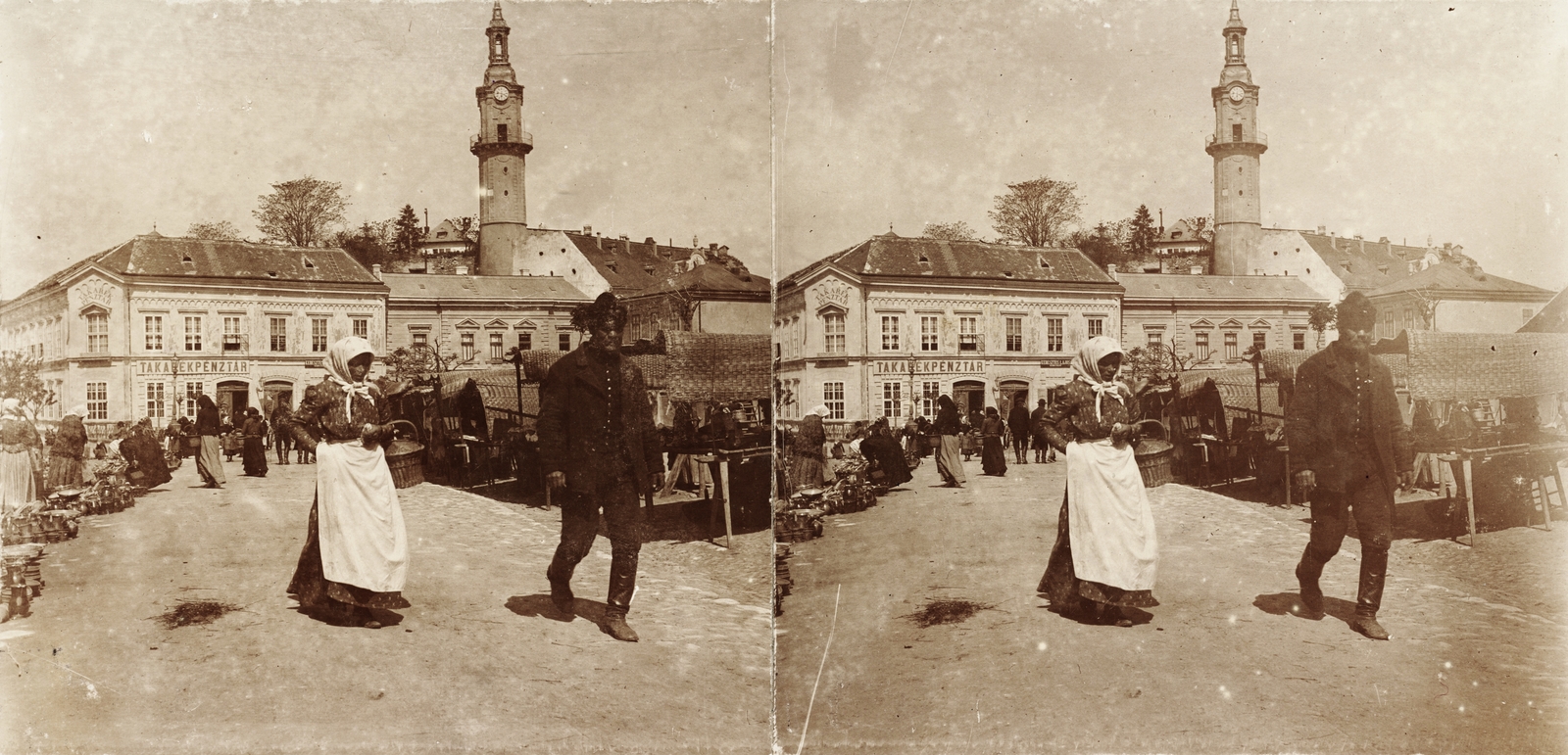 Magyarország, Veszprém, Óváros tér (Fő utca) a Tűztoronnyal. A felvétel 1894-ben készült., 1900, Kiss László, Dabasy Fromm Géza, piac, sztereófotó, Takarékpénztár, Fortepan #93362