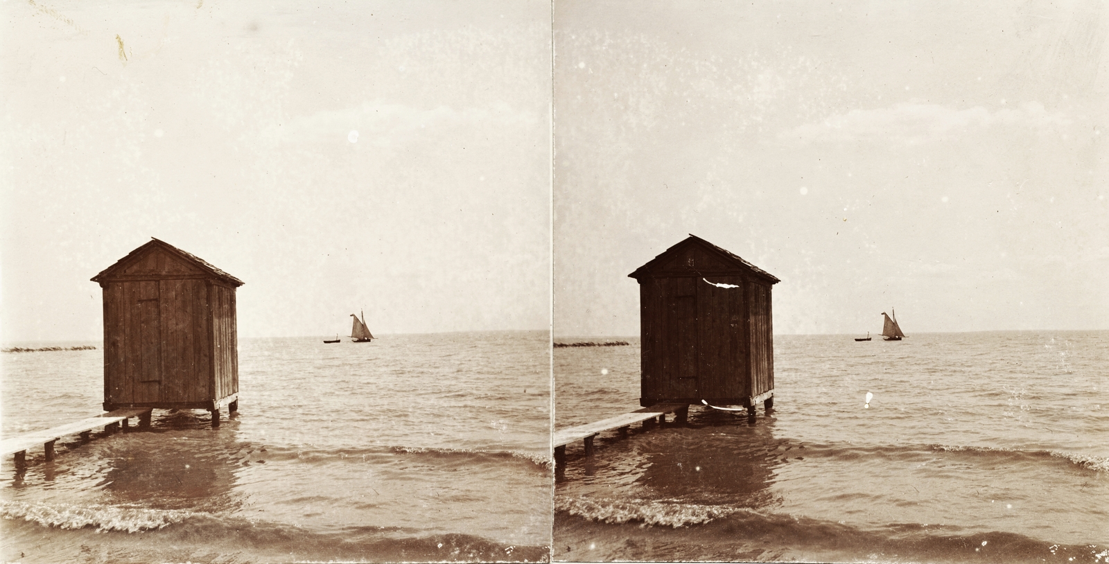 Hungary,Lake Balaton, A felvétel 1894-ben készült., 1900, Kiss László, Dabasy Fromm Géza, sailboat, stereophoto, Bath house, Fortepan #93363
