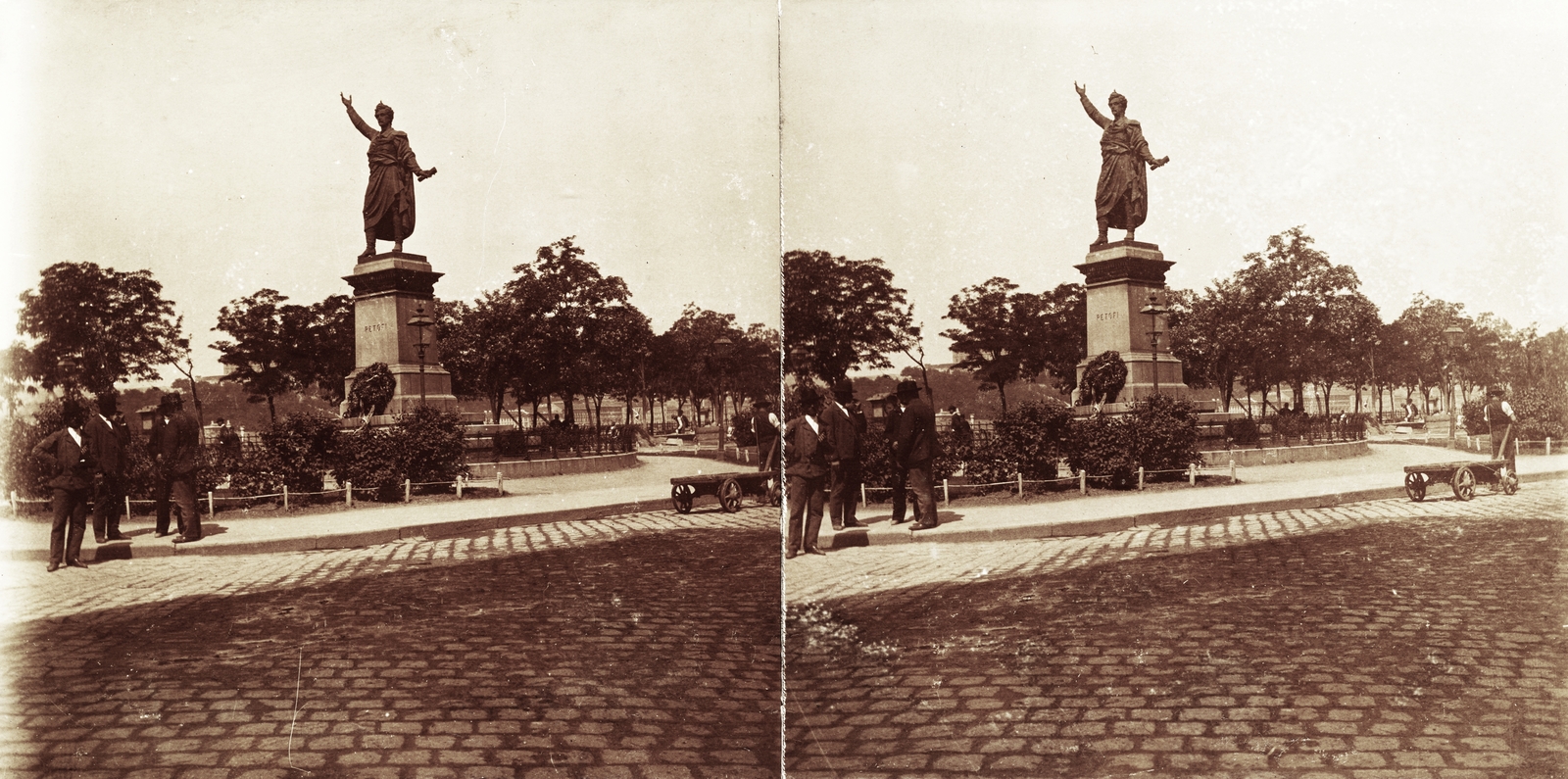 Hungary, Budapest V., Petőfi tér, Petőfi Sándor szobra (Huszár Andor, 1882.). A felvétel 1894-ben készült., 1900, Kiss László, Dabasy Fromm Géza, sculpture, handbarrow, stereophoto, Petőfi-portrayal, Adolf Huszár design, Budapest, Fortepan #93398