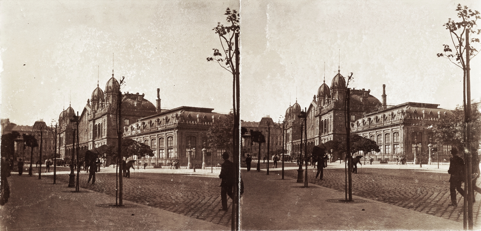 Hungary, Budapest VI., Teréz körút, Nyugati pályaudvar. A felvétel 1894-ben készült., 1900, Kiss László, Dabasy Fromm Géza, train station, stereophoto, Budapest, Gustave Eiffel-design, Fortepan #93403