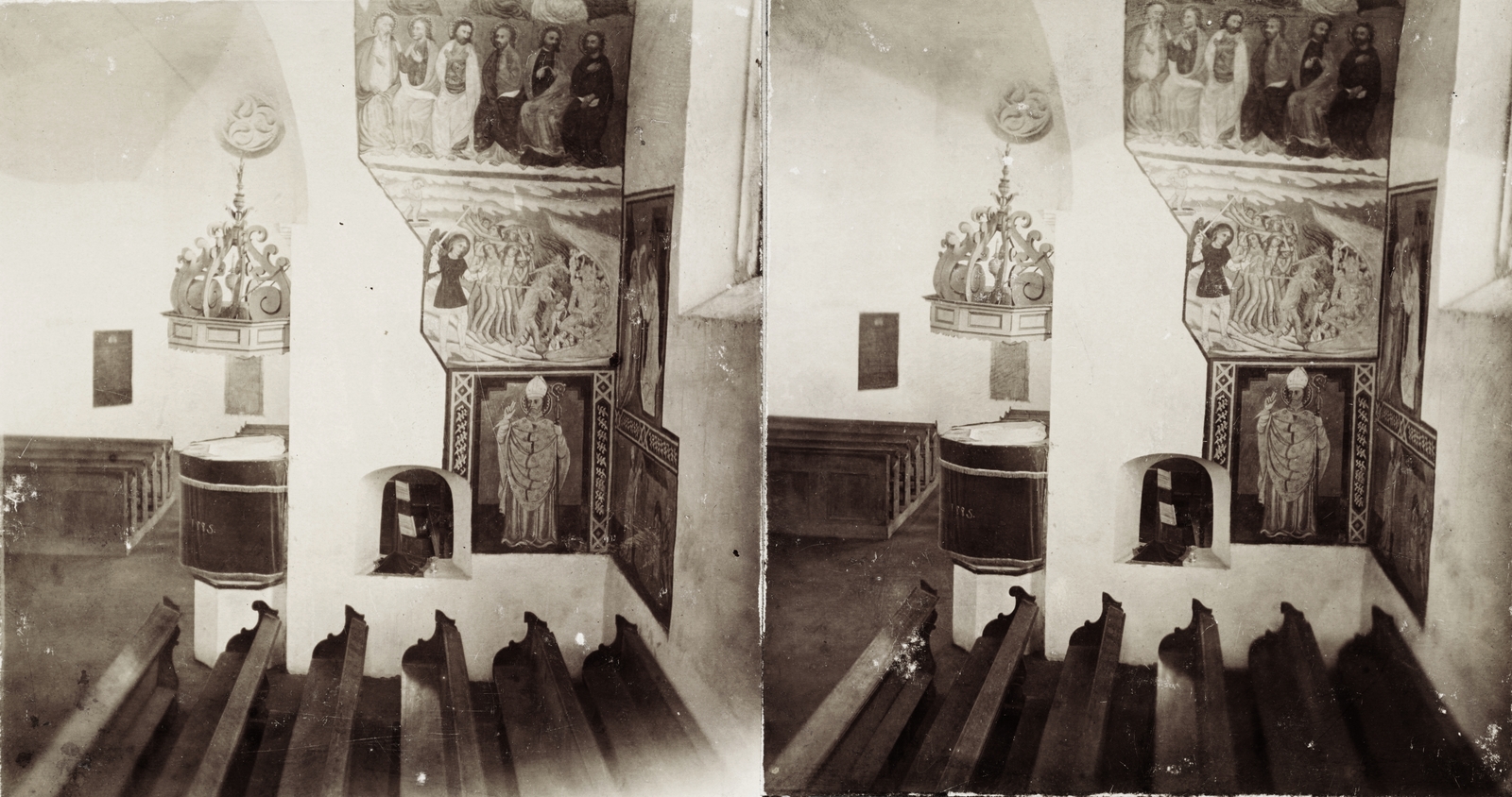 Romania,Transylvania, Tileagd, református templom., 1900, Kiss László, Dabasy Fromm Géza, pulpit, fresco, church interior, stereophoto, Fortepan #93414