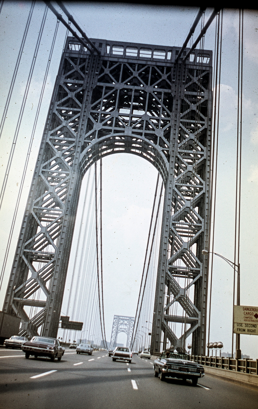 USA, New York, George Washington híd., 1970, LHM, colorful, bridge, american brand, steel structure, Othmar Ammann-design, Cass Gilbert-design, double-decker bridge, Fortepan #93588