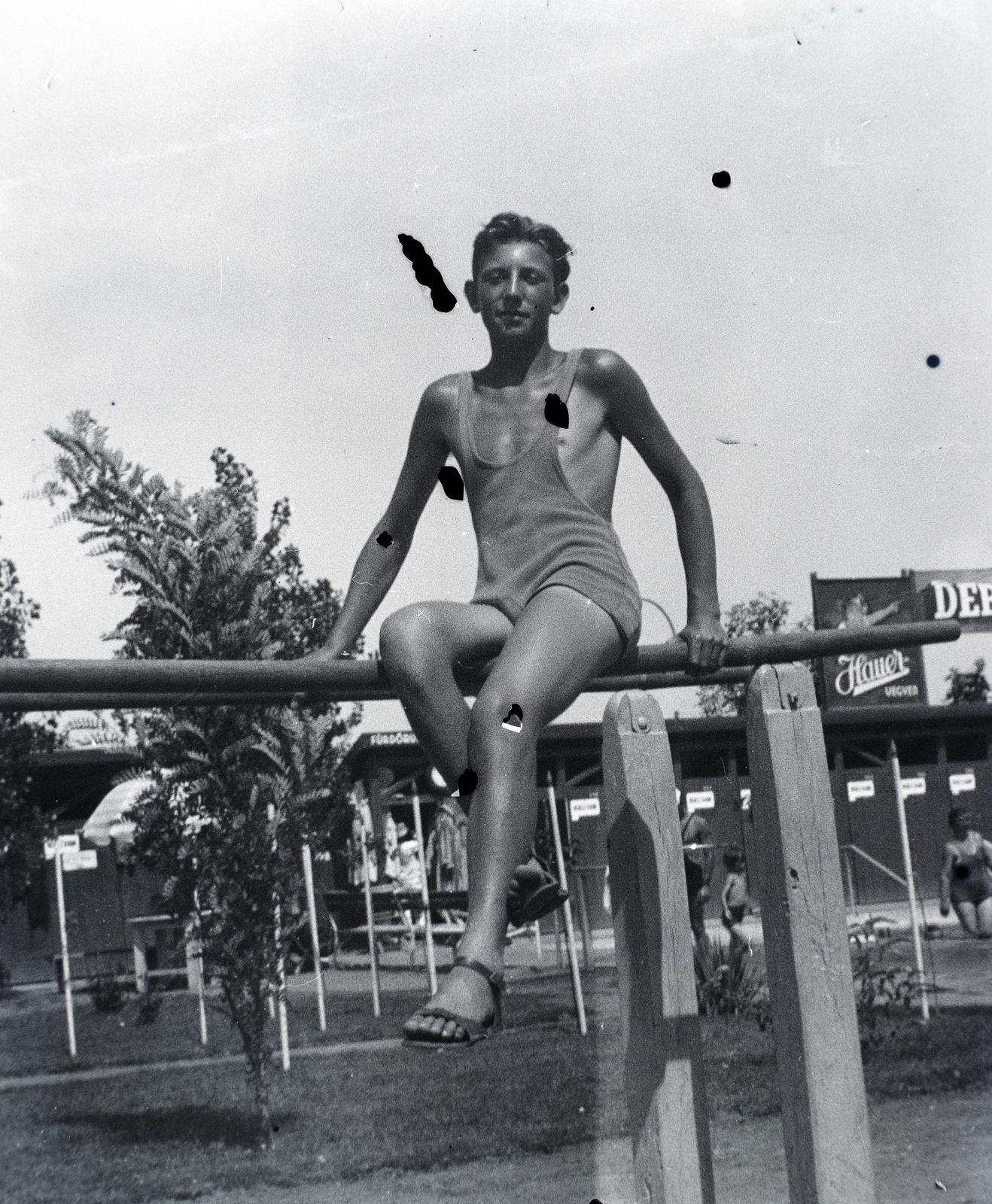 1936, Vaskapu utca, portrait, beach, bathing suit, man, Exercise Equipment, parallel bars, sitting on a handrail, Fortepan #94415