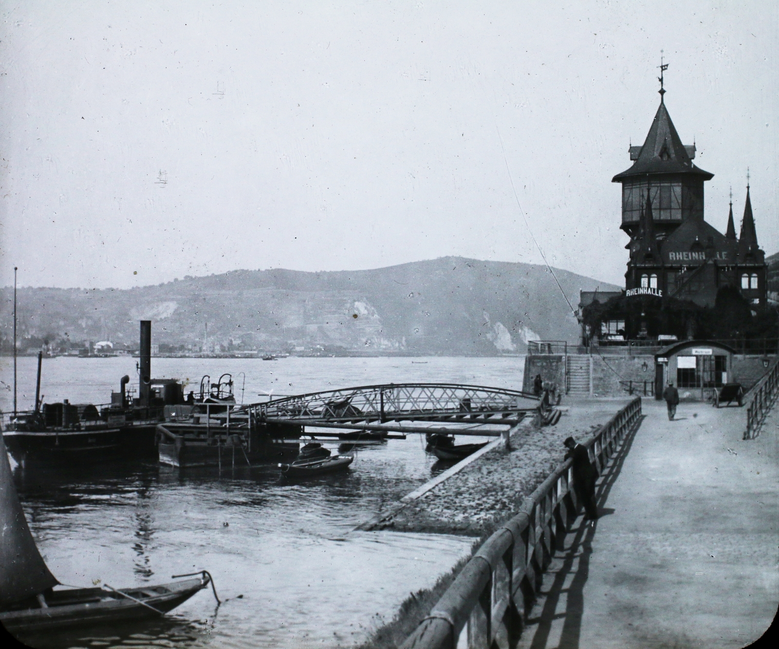 Germany, Rüdesheim am Rhein, Rajna-part, kikötő., 1911, Magyar Földrajzi Múzeum / Diagyűjtemény, port, steamboat, Fortepan #95056