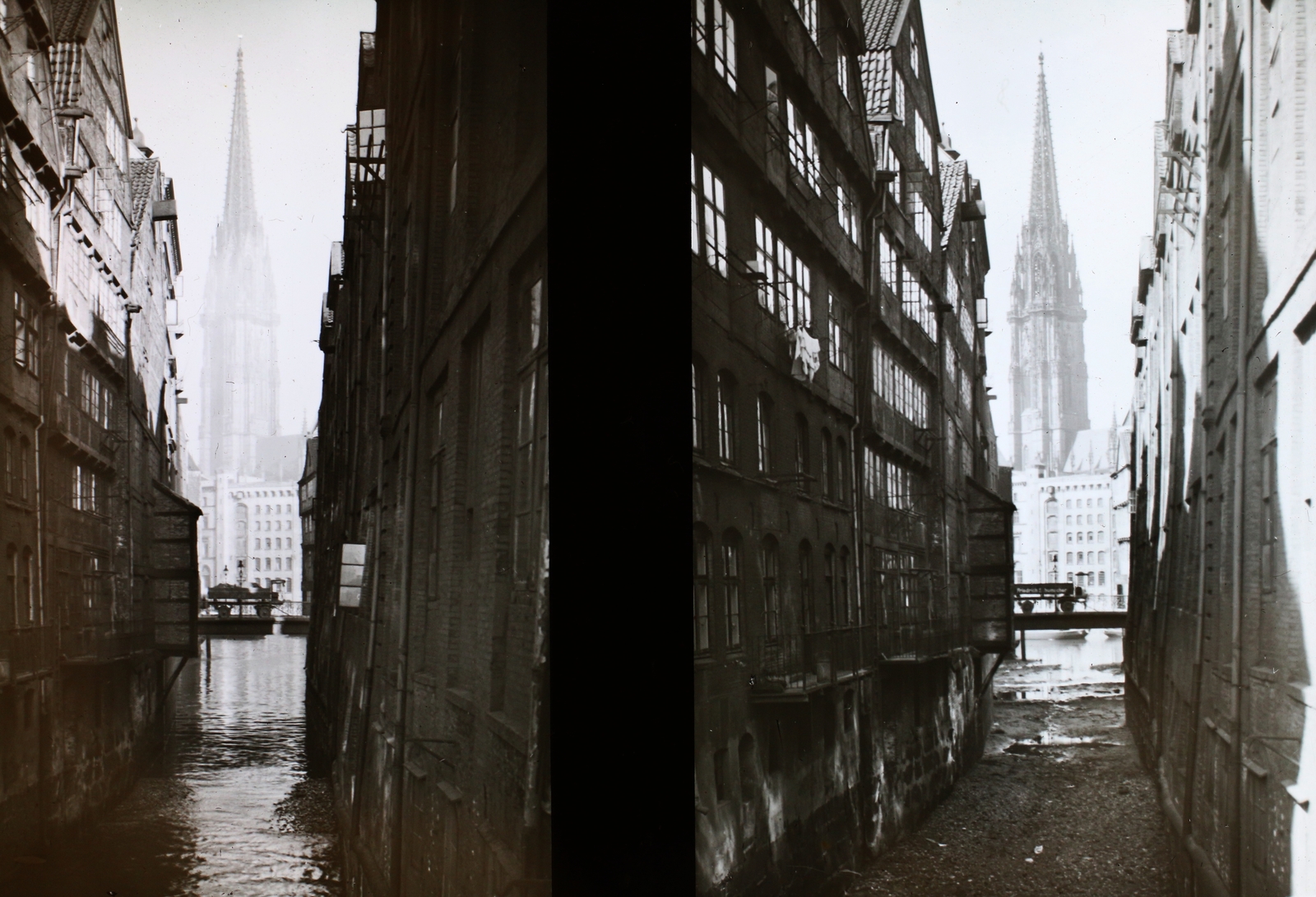 Germany, Hamburg, Nikolaifleet, a túlparton a Szent Miklós-templom (Hauptkirche St. Nikolai) tornya látszik. A felvétel a Katharinenbrücke-ről készült., 1911, Magyar Földrajzi Múzeum / Diagyűjtemény, church, stereophoto, Fortepan #95086