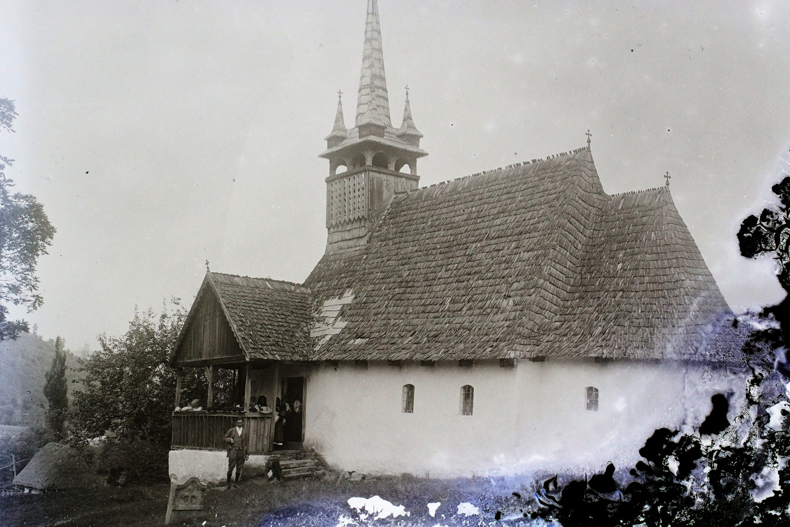 Romania,Transylvania, Surduc, görögkatolikus templom., 1908, Magyar Földrajzi Múzeum / Kerekes J. Zoltán, church, wood shingles, bell tower, shingle, church garden, turret, Fortepan #95233