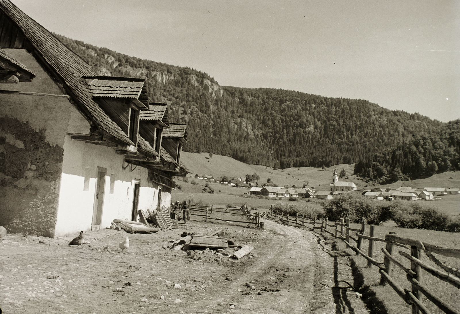 Slovakia, Dedinky, a község látképe a Gölnic folyó völgyében, háttérben a Gacsó szikla (Gačovská skala). Jobbra a Szűz Mária Mennybemenetele templom., 1947, Schermann Ákos, Schermann Szilárd, Czechoslovakia, church, poultry, Fortepan #95561