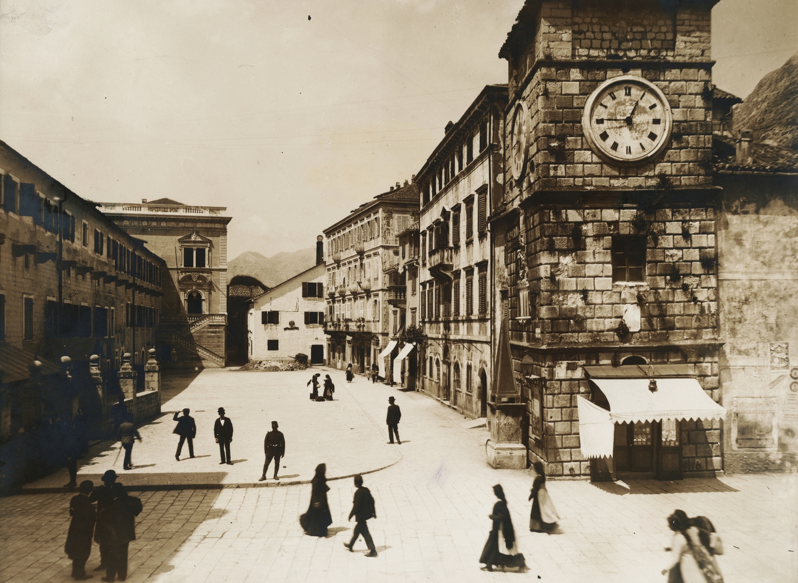 Montenegro, Kotor, Trg od Oružja, jobbra az óratorony., 1905, Schermann Ákos, church clock, clock tower, Fortepan #95735