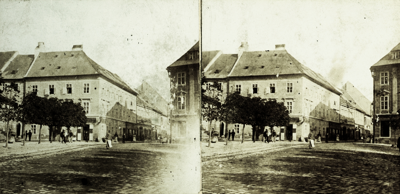 Slovakia, Bratislava, Hurbanovo námestie (Nagy Lajos tér), szemben a Suché mýto ulica (Frigyes főherceg utca)., 1900, Schermann Ákos, square, street view, stereophoto, Fortepan #96080