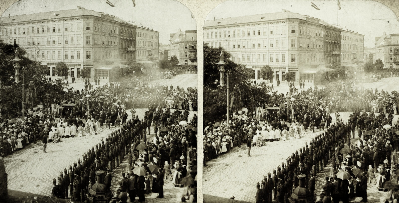 Slovakia, Bratislava, Sétatér (később Hviezdoslavovo námestie)., 1900, Schermann Ákos, flag, hotel, stereophoto, Ignác Feigler Jr.-design, Fortepan #96083