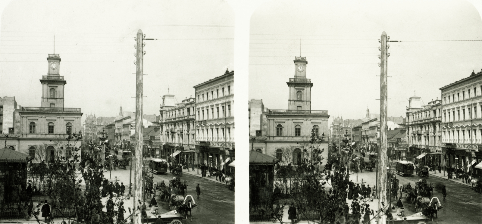 Poland, Warsaw, Aleje Jerozolimskie - ulica Marszałkowska kereszteződés, balra a Bécsi pályaudvar (Dworzec Wiedeński) épületének óratornya., 1900, Schermann Ákos, train station, stereophoto, Enrico Marconi-design, Fortepan #96091