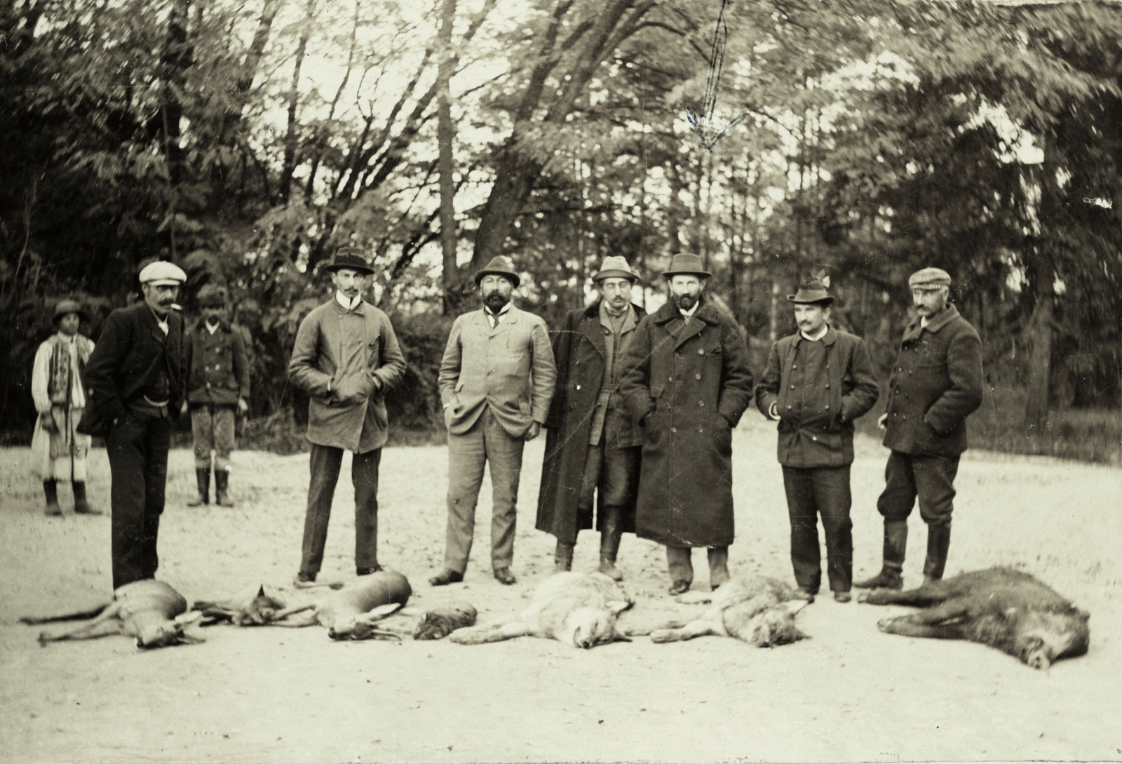 Romania,Transylvania, vadásztársaság gróf Königsegg Lajos Arad megyei birtokán., 1900, Buzinkay Géza, hunting, place, deer, wild boar, hands in pockets, double-breasted coat, Fortepan #96112