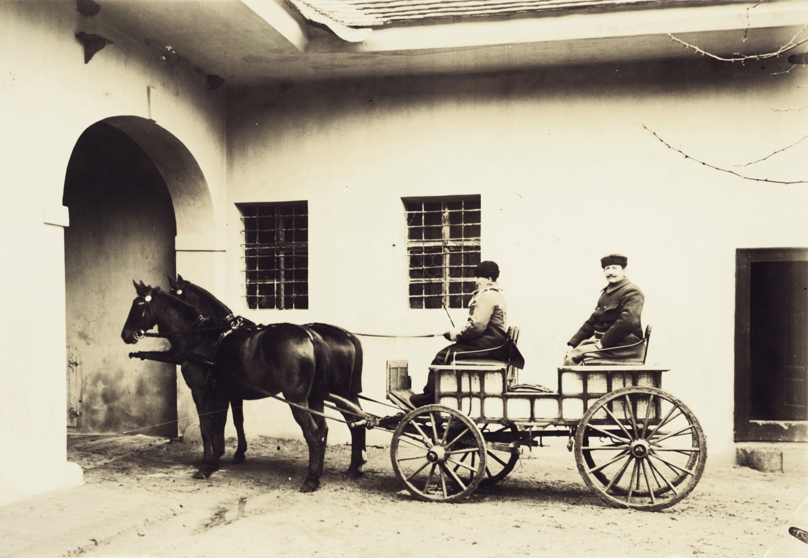 Slovakia, Beckov, báró Mednyánszky Imre fogata., 1900, Buzinkay Géza, horse, yard, coach, Fortepan #96142