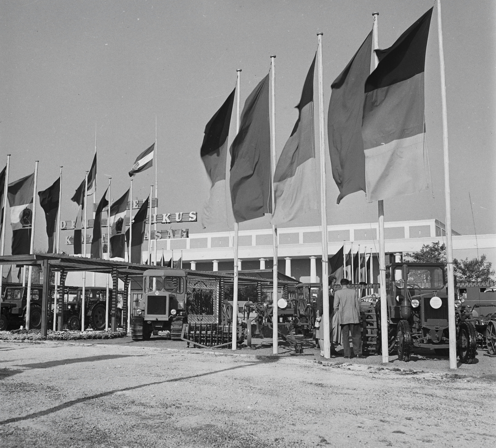 Hungary, Budapest X., Albertirsai úti vásár területe, Országos Mezőgazdasági Kiállítás és Vásár. A Német Demokratikus Köztársaság gépkiállítása., 1954, Kotnyek Antal, flag, tractor, Budapest, photo aspect ratio: square, Fortepan #96449