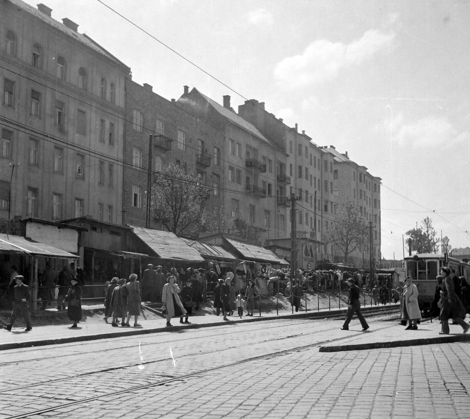 Magyarország, Budapest I.,Budapest II., Széll Kálmán (Moszkva) tér, ideiglenes piac a Vérmező út épületeivel., 1951, UVATERV, piac, járókelő, utcakép, életkép, villamos, Budapest, Fortepan #96619