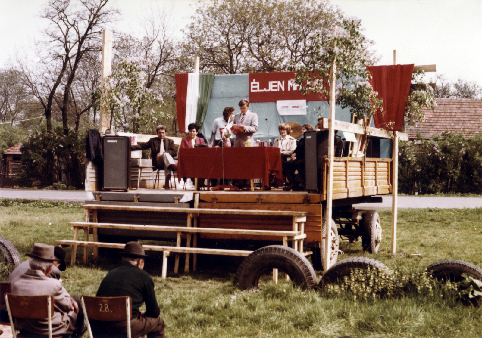 Hungary, 1981, Fortepan, colorful, festive, trailer, 1st of May parade, mobile stage, tire, ad truck, Fortepan #9736