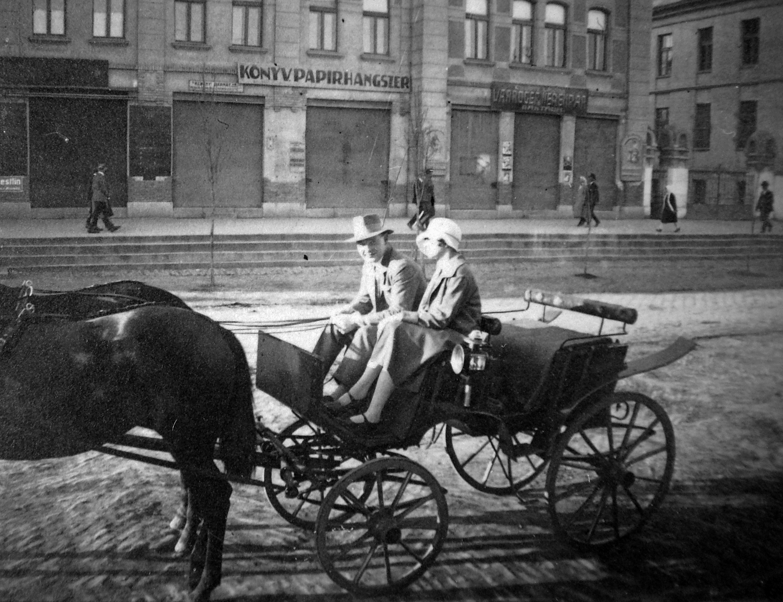 Hungary, Törökszentmiklós, Kossuth Lajos utca, háttérben balra a Városháza (később Polgármesteri Hivatal)., 1930, Fortepan, sign-board, horse, carriage, book store, Fortepan #9802