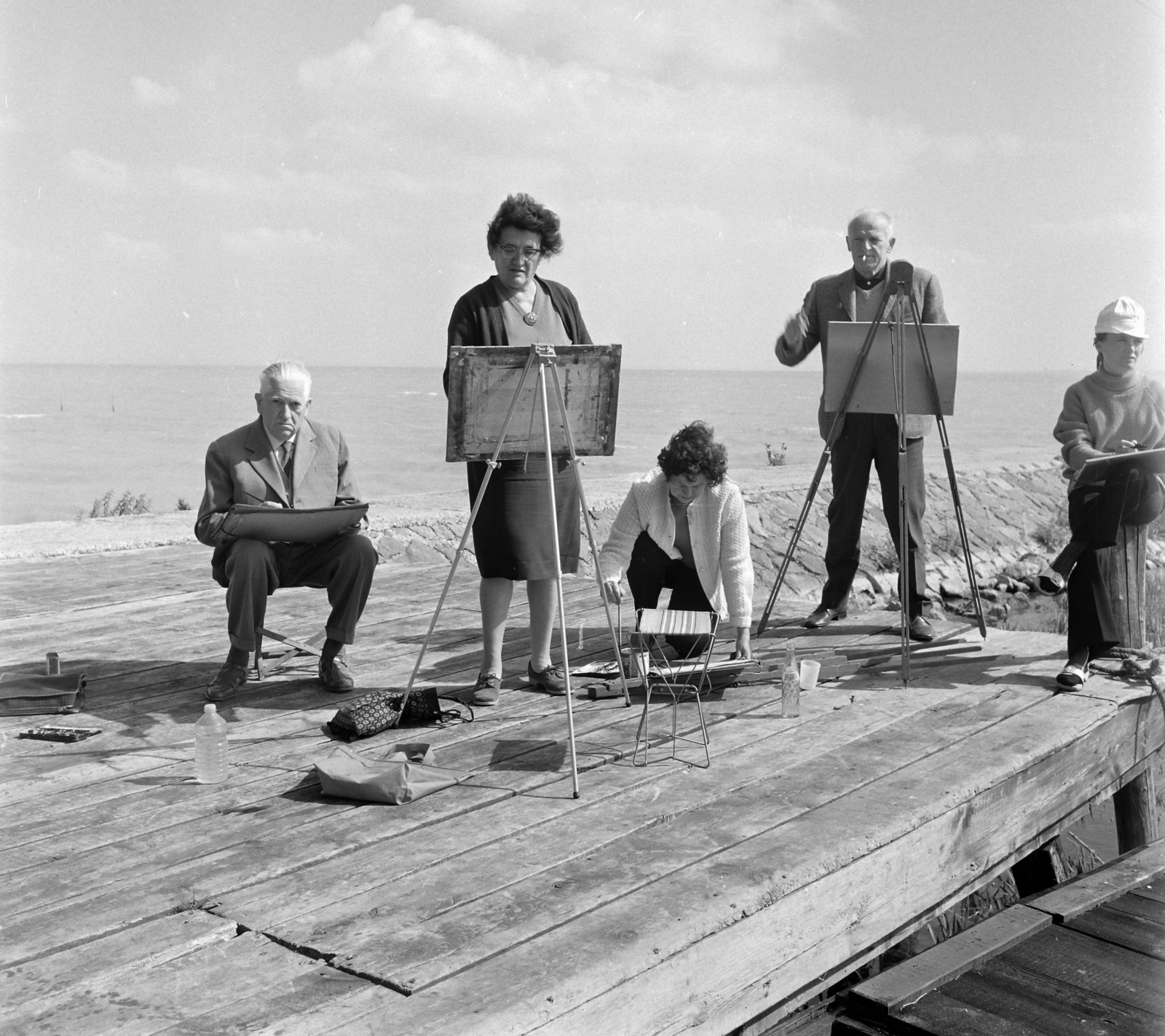Hungary,Lake Balaton, Tihany, Balaton-part., 1971, UVATERV, pier, easel, painter, Fortepan #98161
