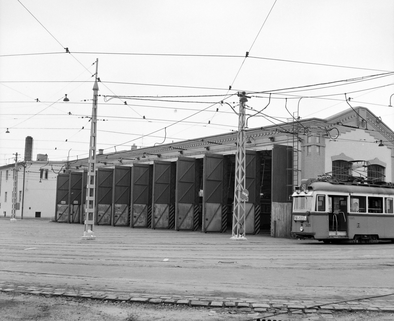 Hungary, Budapest IX., Üllői út 197-199., Száva kocsiszín., 1975, UVATERV, tram, BKV-organisation, destination sign, Budapest, carbarn, public transport line number, Fortepan #98933