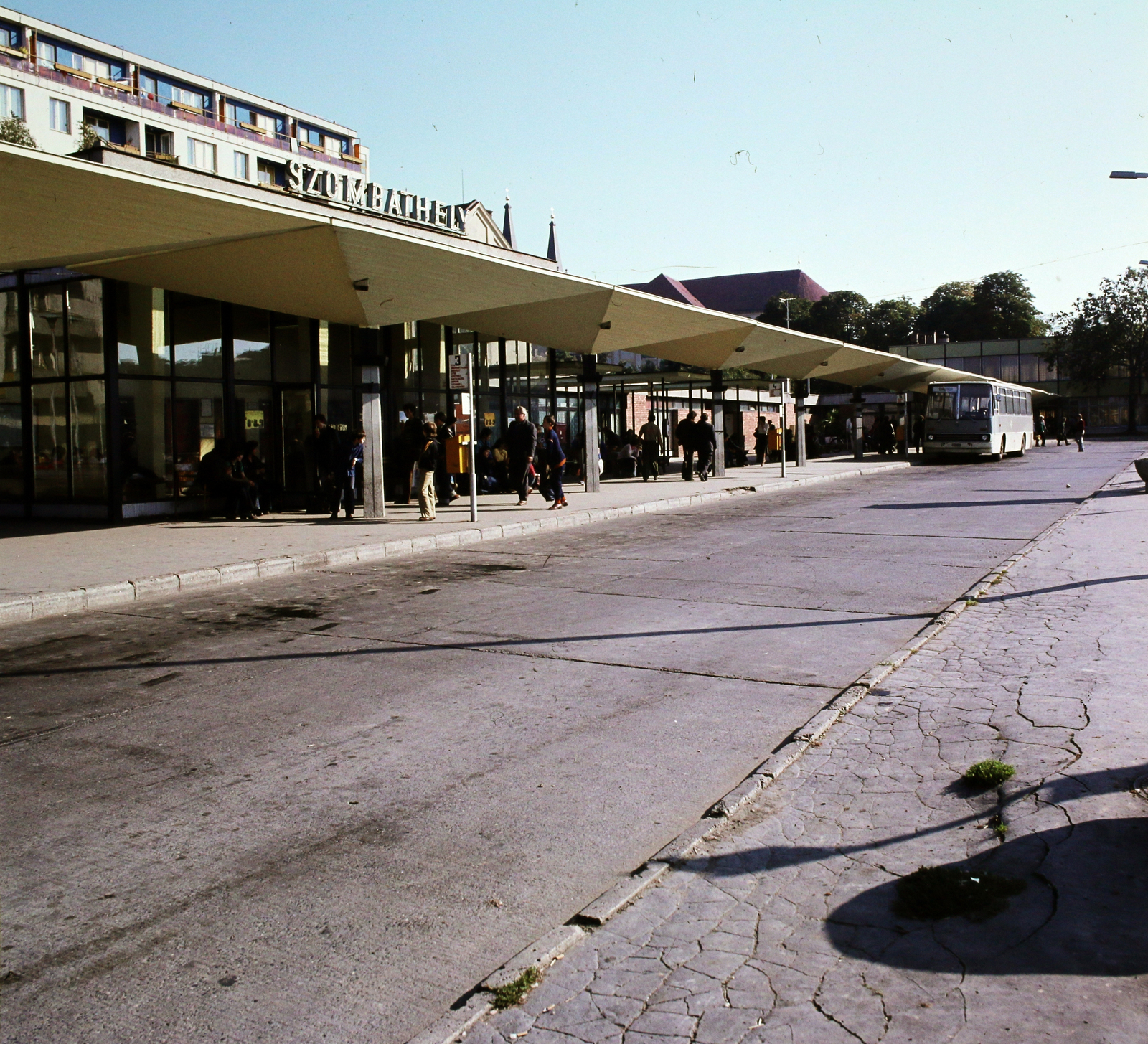 Hungary, Szombathely, Ady Endre tér, autóbusz-pályaudvar., 1978, UVATERV, colorful, bus, bus terminal, Volán organisation, place-name signs, bus stop, Ikarus-brand, Fortepan #99214