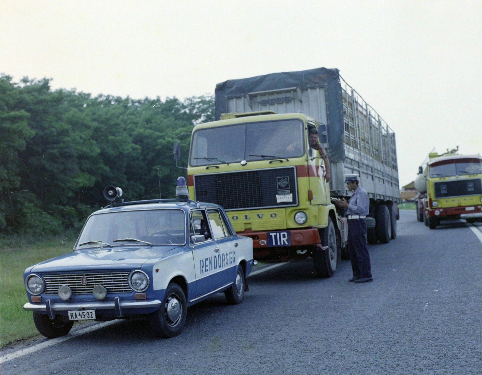 Hungary, 1978, UVATERV, colorful, Lada-brand, Volvo-brand, number plate, police vehicle, camion, vehicular beacon, Fortepan #99434