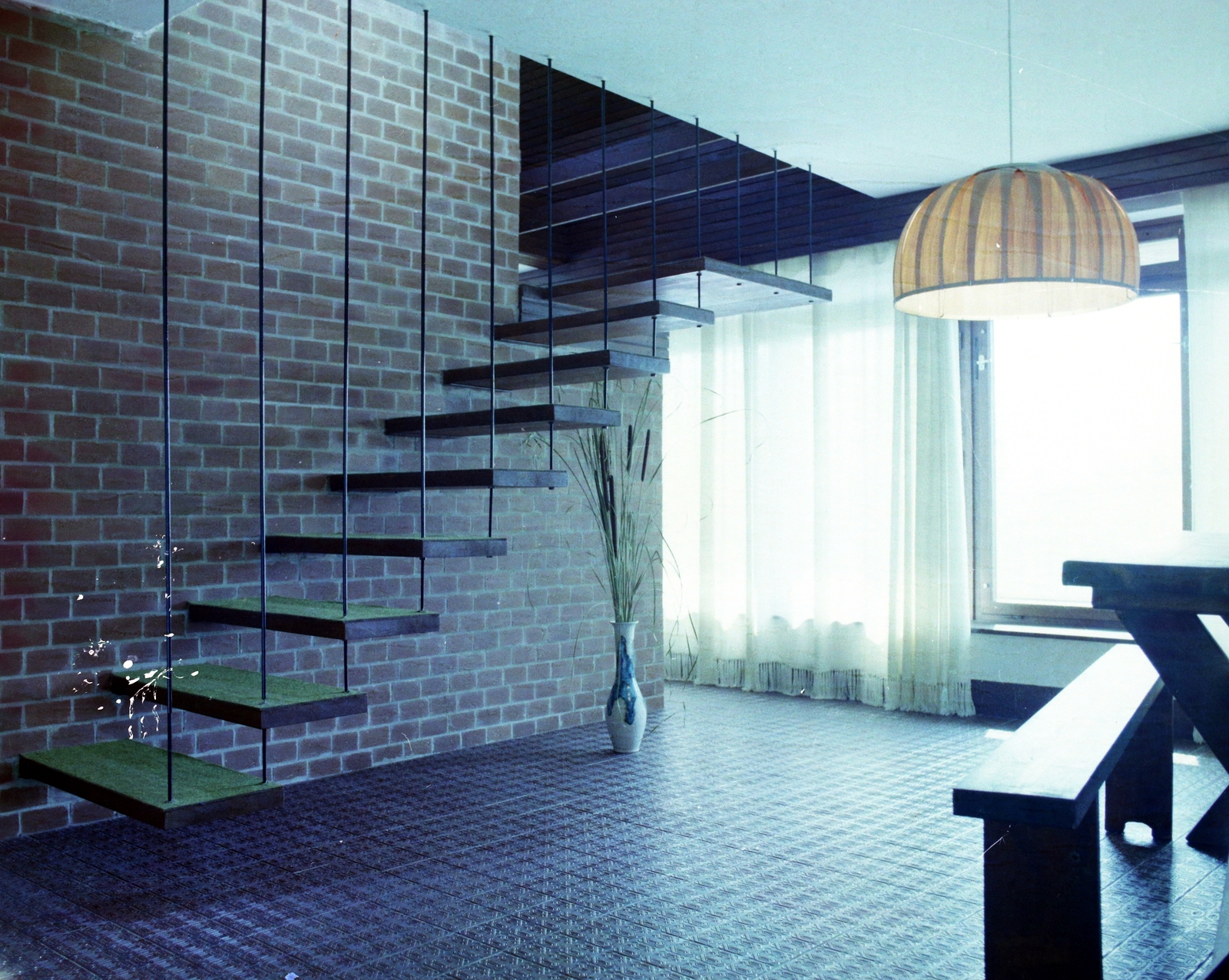 Hungary, 1979, UVATERV, colorful, stairs, ceiling lamp, Fortepan #99459