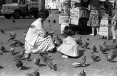 Franciaország, Lyon, Place des Terraux., 1960, Dobóczi Zsolt, újságárus, galamb, guggolás, Fortepan #100685