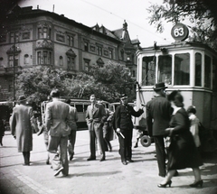 Hungary, Budapest VIII., Üllői út - Nagykörút sarok., 1940, Dobóczi Zsolt, pedestrian, street view, genre painting, tram, destination sign, Budapest, hands in pockets, public transport line number, Fortepan #100811