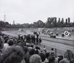 Magyarország, Népliget, Budapest X., Építők pálya., 1946, Dobóczi Zsolt, sport, Budapest, vörös csillag, zászló, sportoló, néző, Fortepan #100850