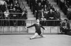 Magyarország, Budapest XIV., Istvánmezei út 3-5. Nemzeti Sportcsarnok (később Gerevich Aladár Nemzeti Sportcsarnok). Makray Katalin olimpiai ezüstérmes tornásznő. A háttérben jobbról a második Biszku Béla. Jobbra Hemző Károly fotóművész., 1969, Erdei Katalin, torna, Budapest, tornásznő, spárgázás, Fortepan #100888